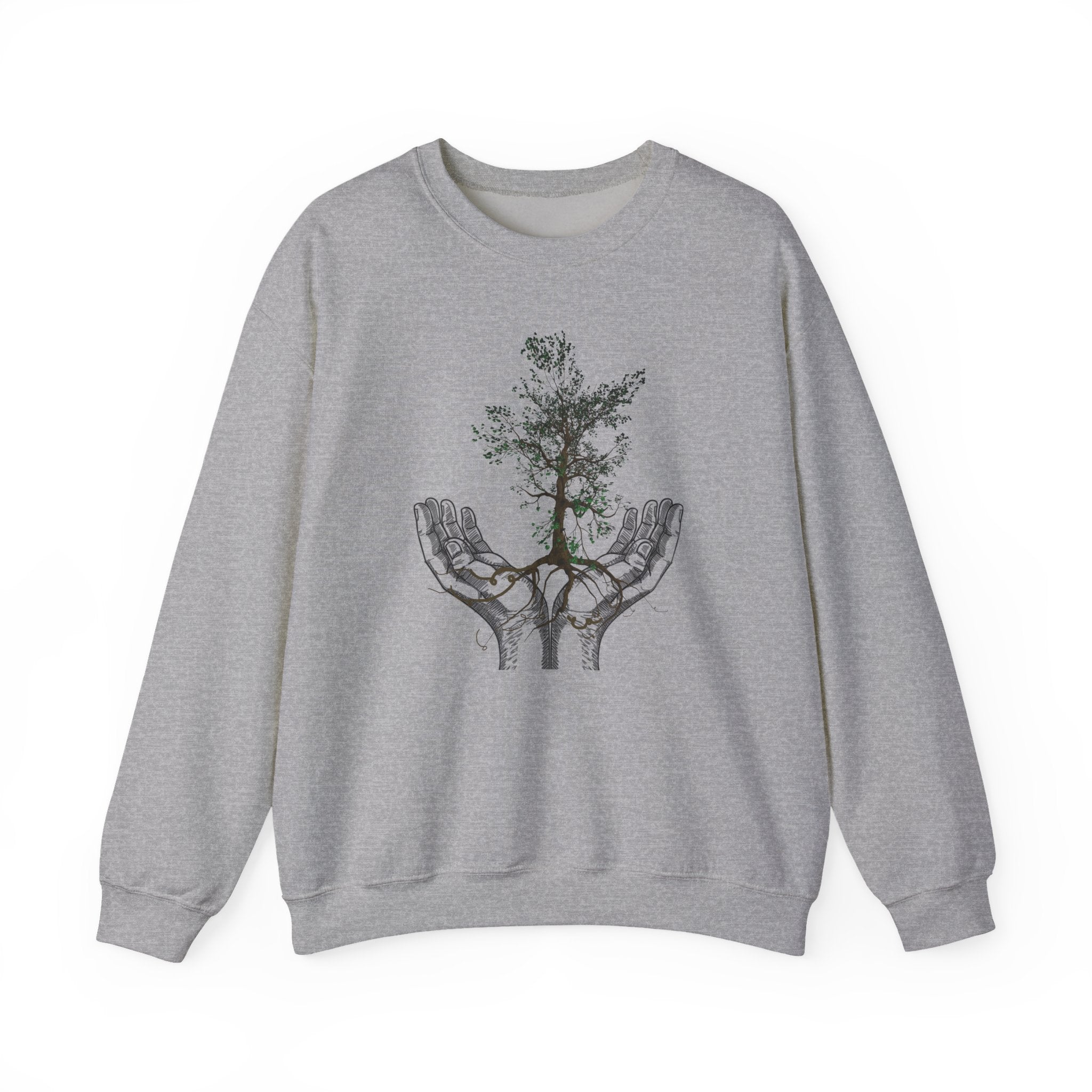 Gray sweatshirt with a tree design on a white background