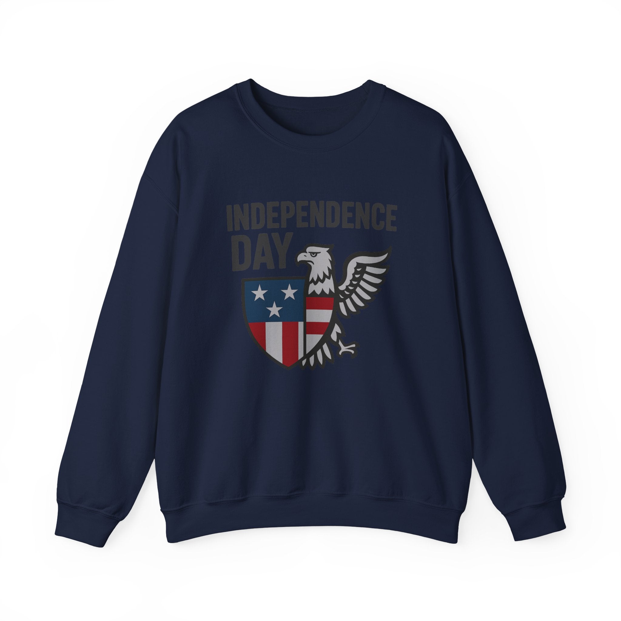 Navy blue sweatshirt with 'Independence Day' and eagle design on a white background
