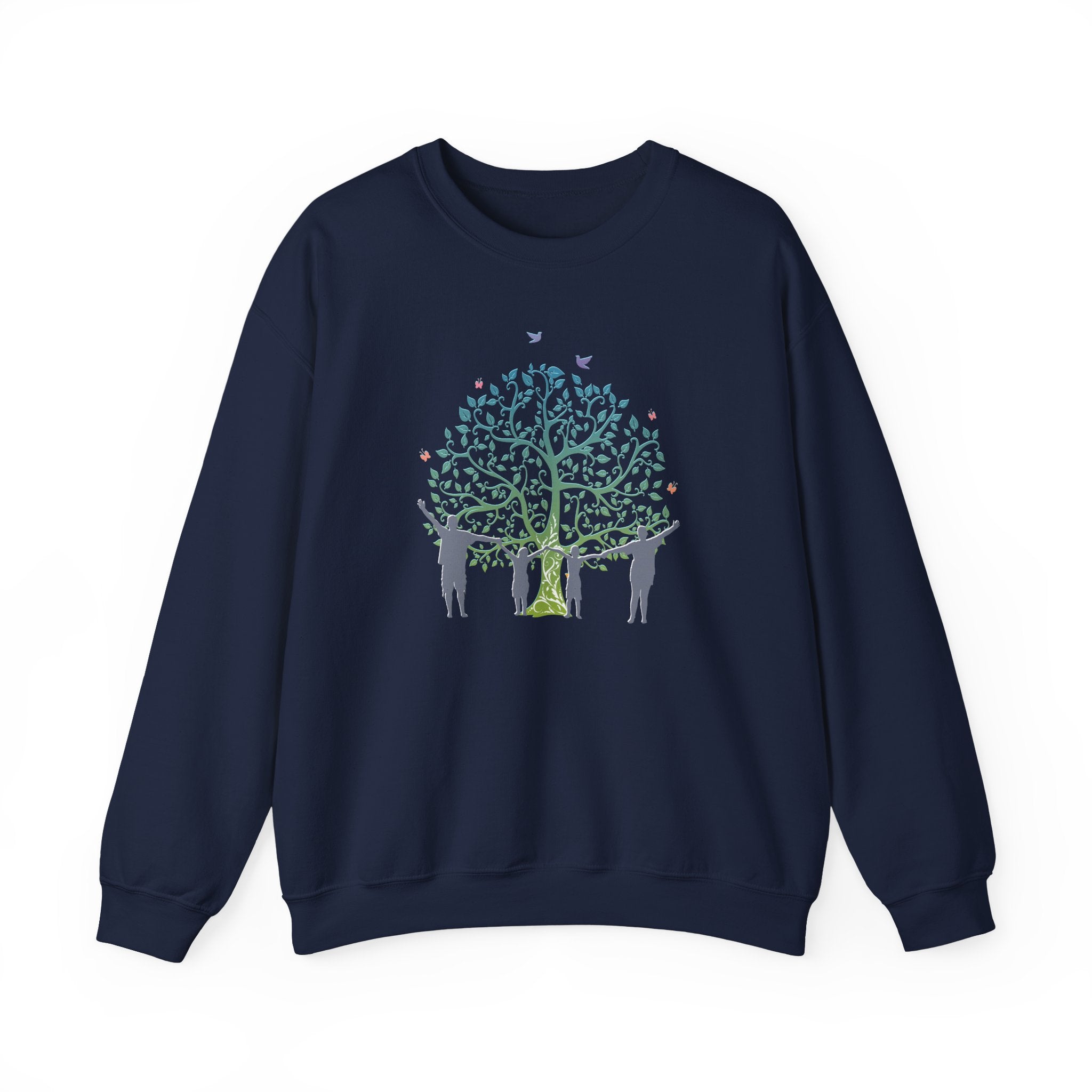 Navy blue sweatshirt with a tree and people design on a white background