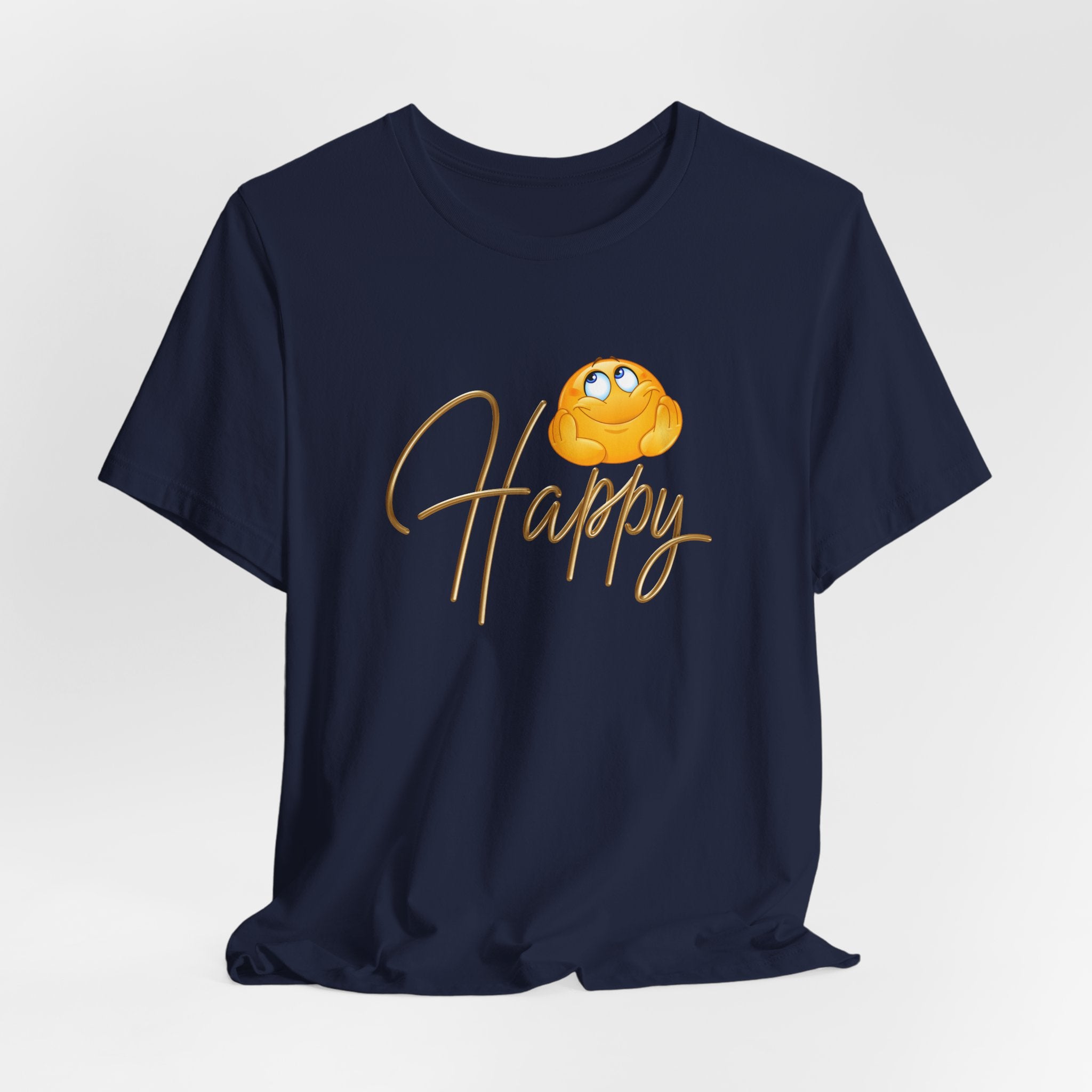 Navy blue t-shirt with a yellow emoji and 'Happy' text on a light gray background