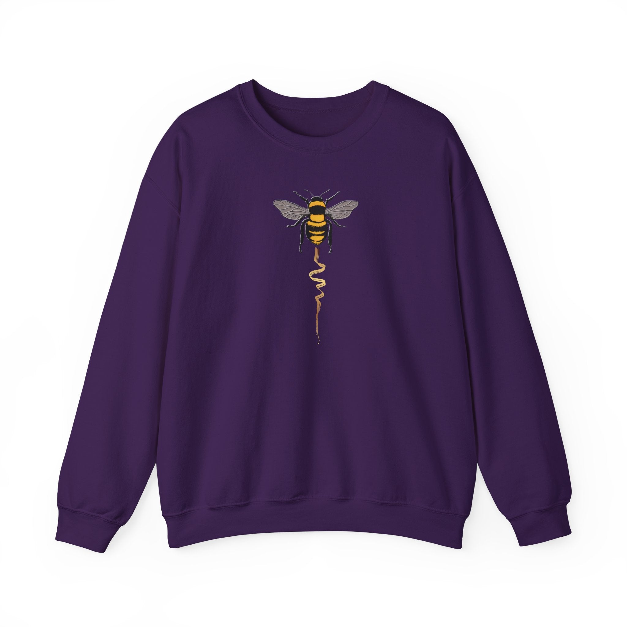 Purple sweatshirt with a bee graphic on a white background