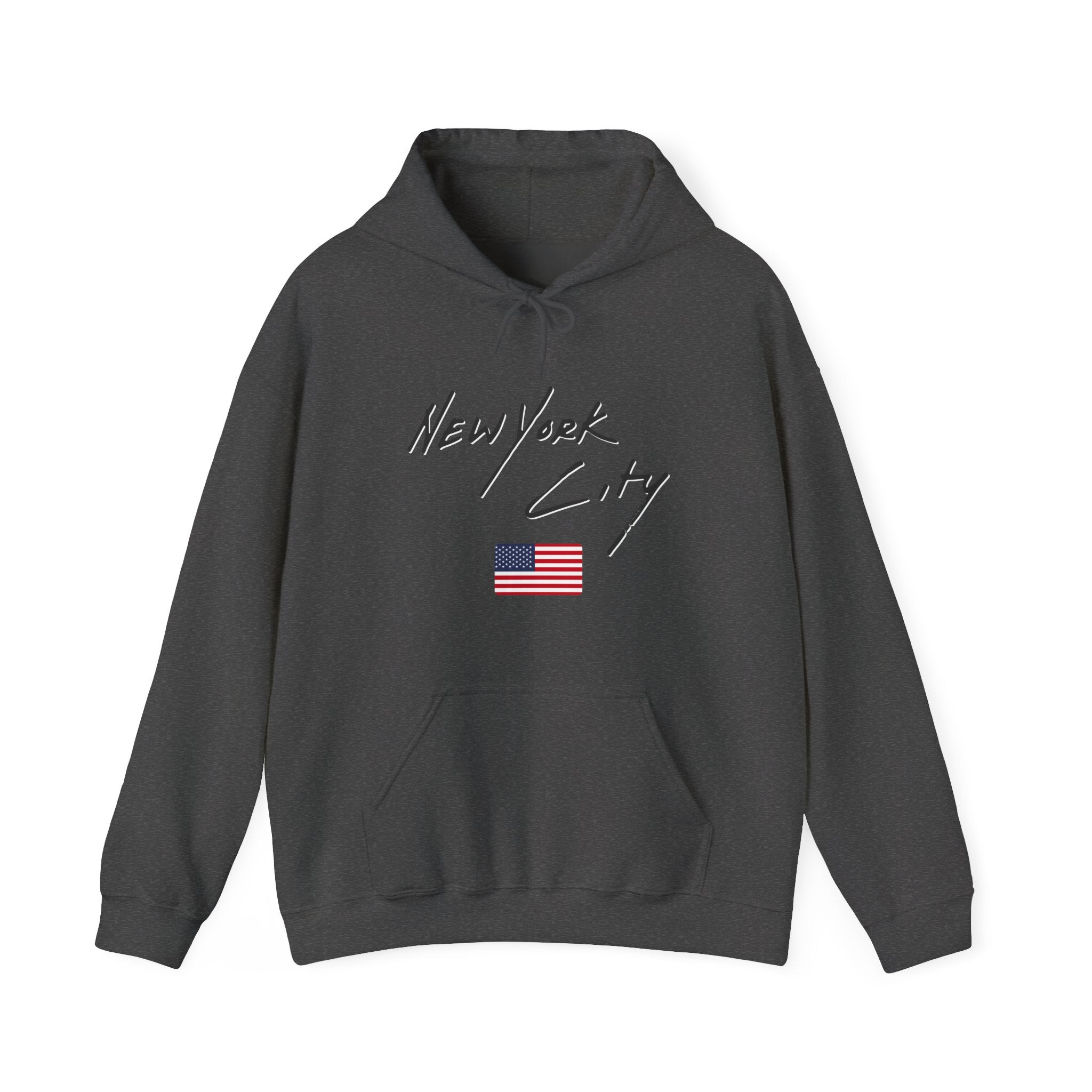 Dark grey hoodie with 'New York City' text and American flag on a white background
