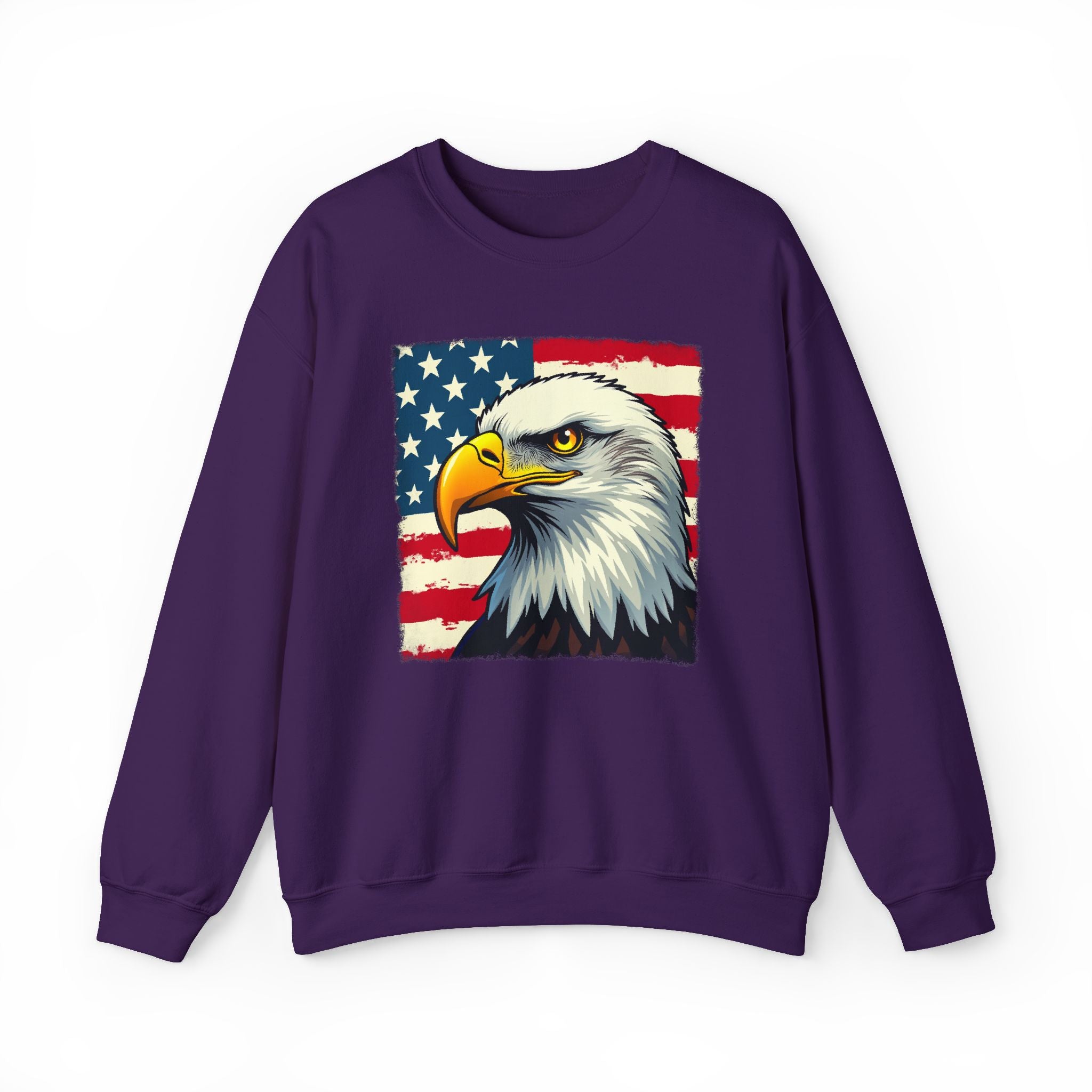 Purple sweatshirt with an eagle and American flag design on a white background