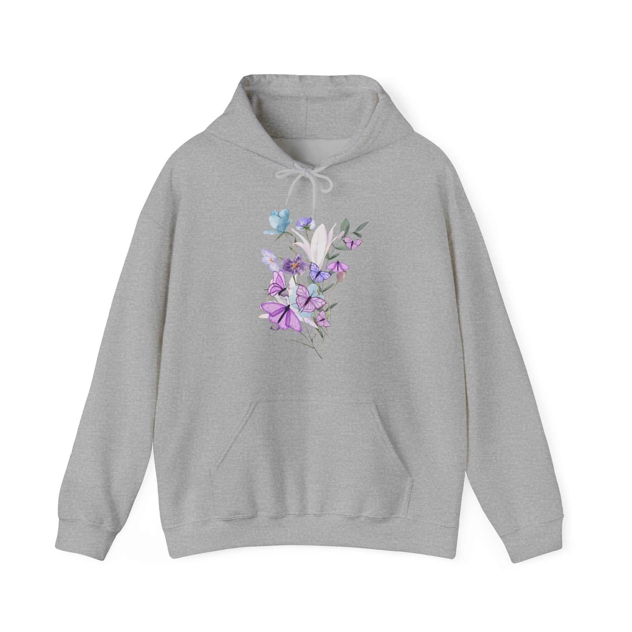 Gray hoodie with floral design on a white background