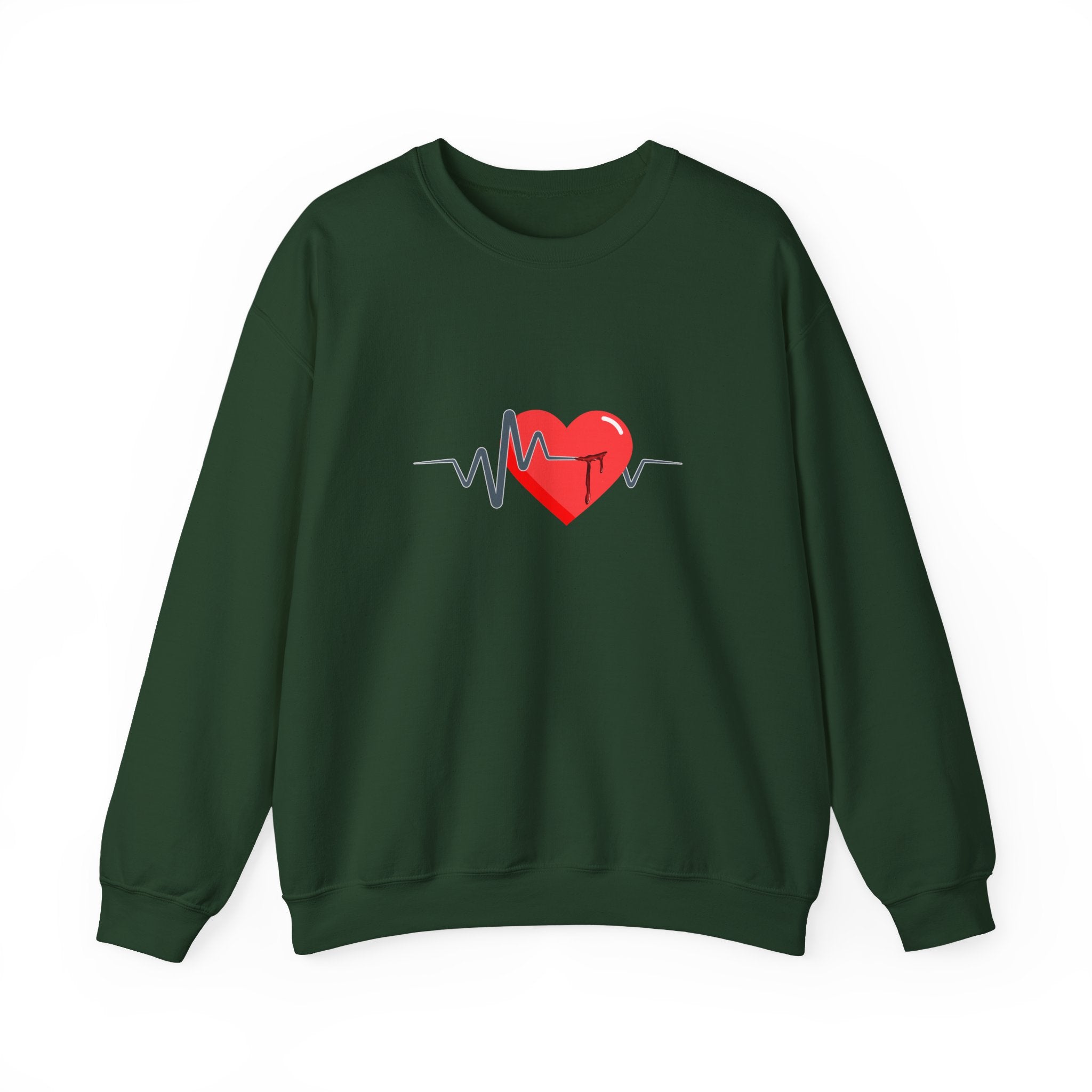 Green sweatshirt with a red heart and heartbeat line design on a white background