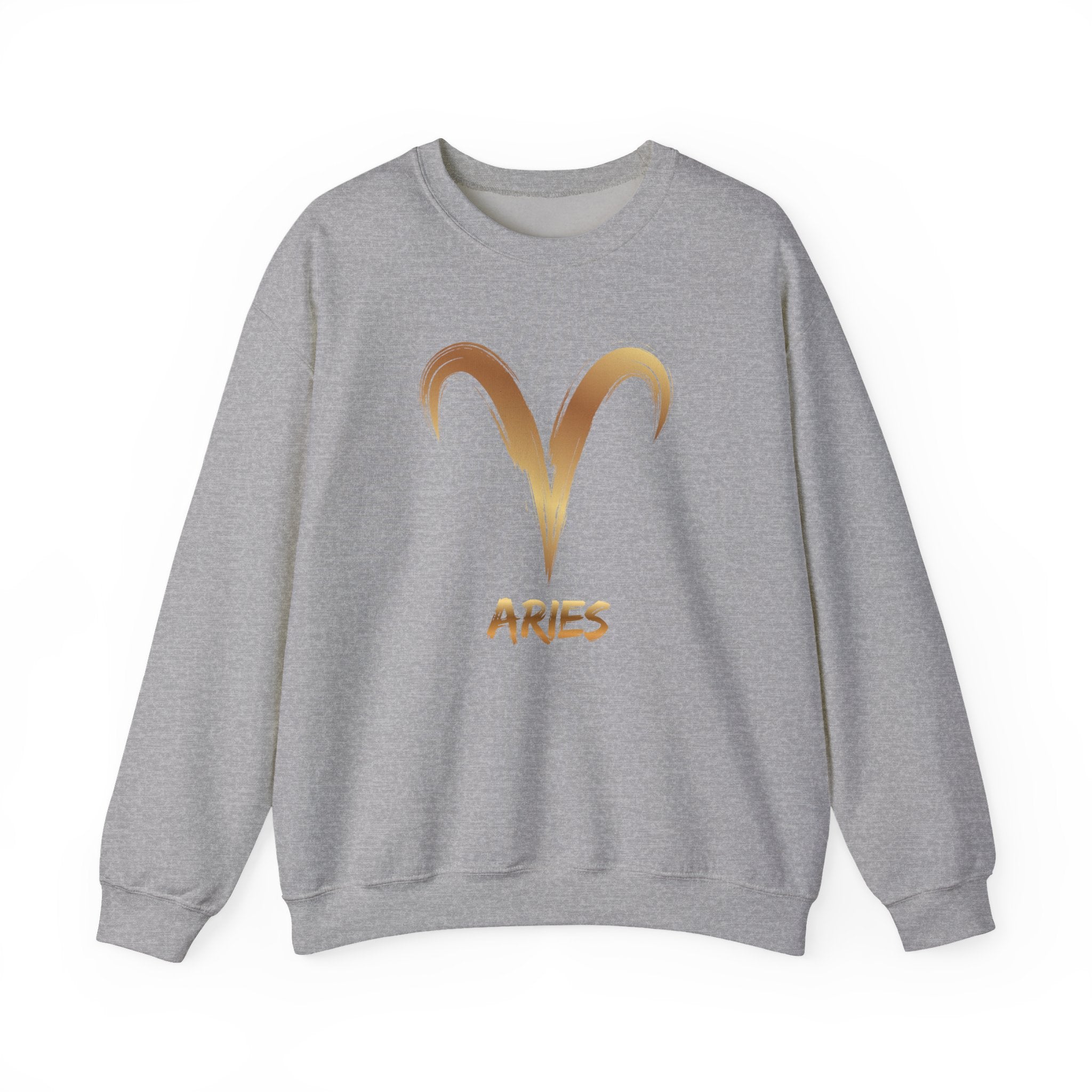 Gray sweatshirt with gold Aries symbol and text on a white background