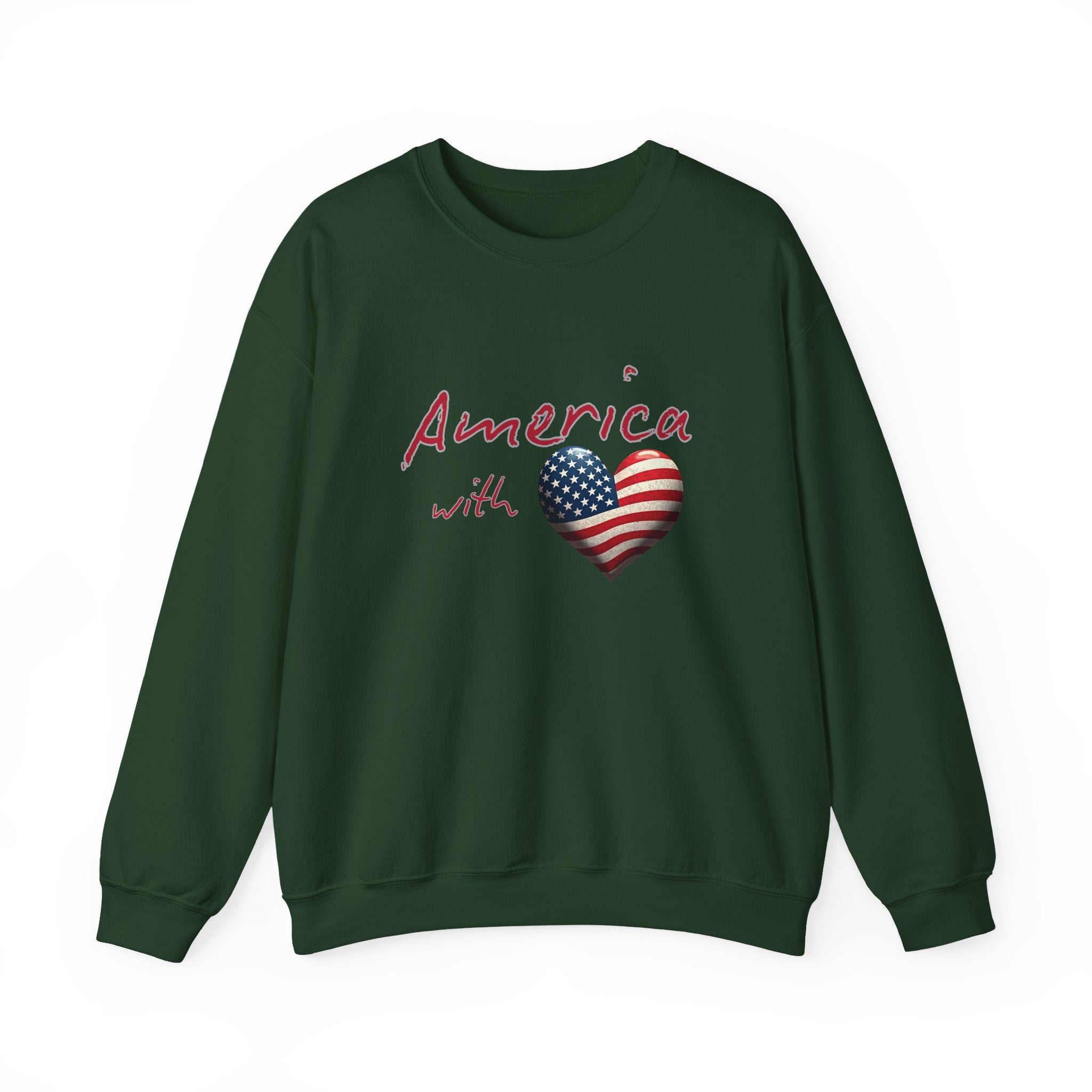 Green sweatshirt with 'America with a heart' design featuring an American flag on a white background