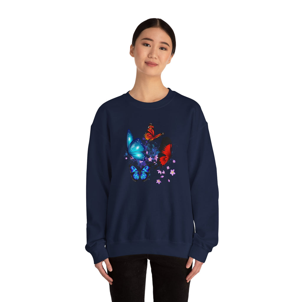 Person wearing a navy blue sweatshirt with colorful butterfly design on a white background