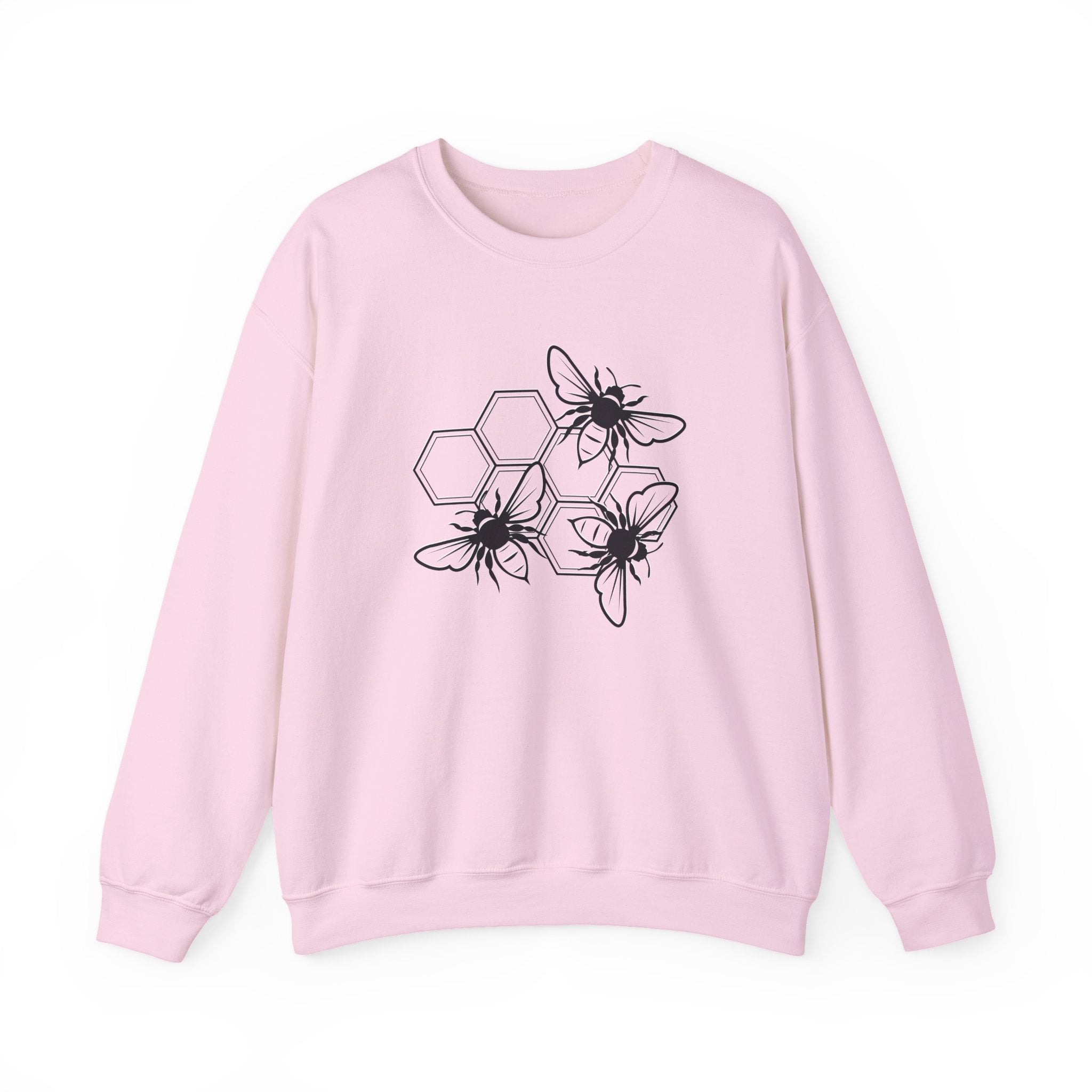 Pink sweatshirt with black bee and hexagon pattern on a white background
