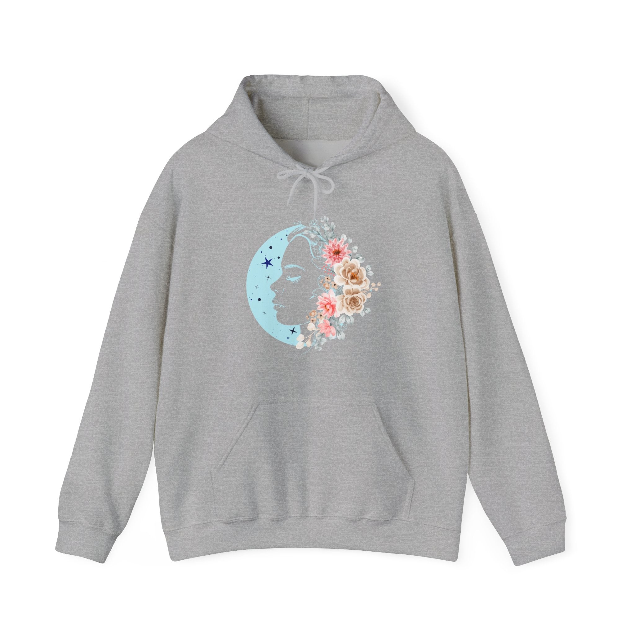 Gray hoodie with floral face moon design on a white background