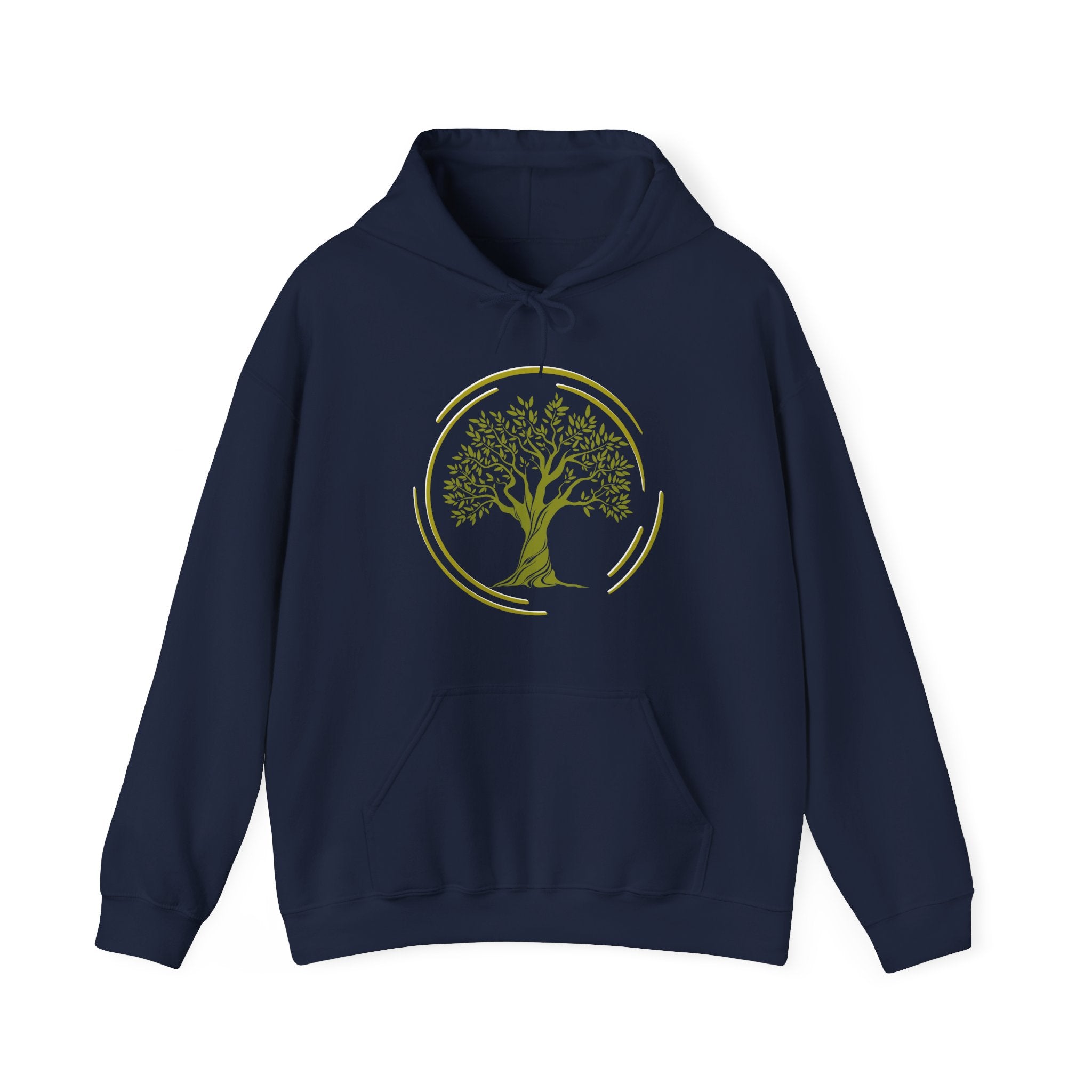 Navy blue hoodie with a tree graphic on a white background