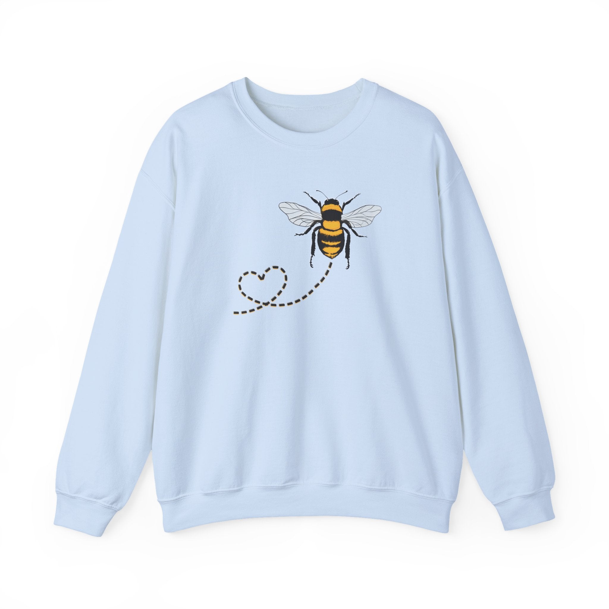 Light blue sweatshirt with a bee and heart design on a white background