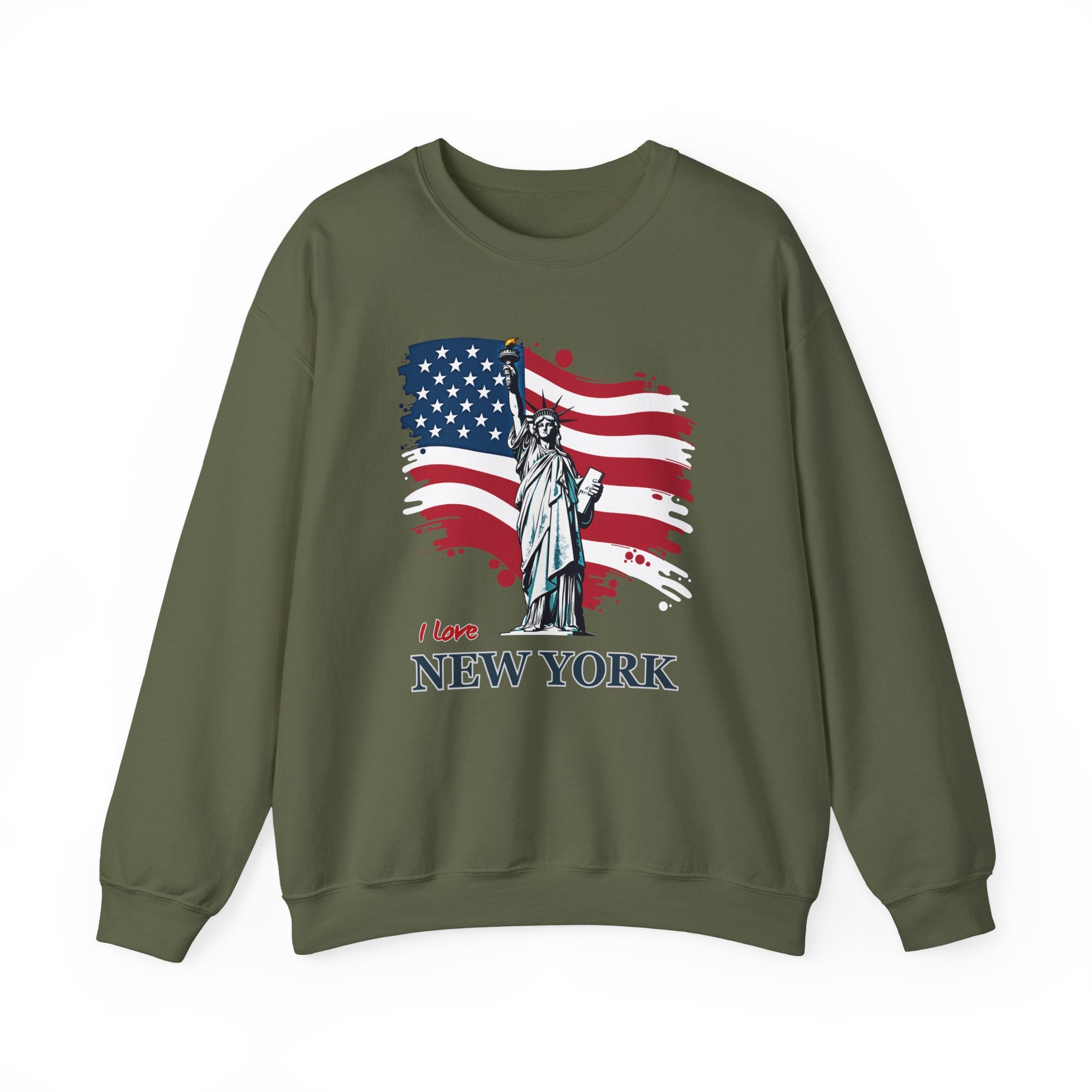 Green sweatshirt with Statue of Liberty and American flag design on a white background