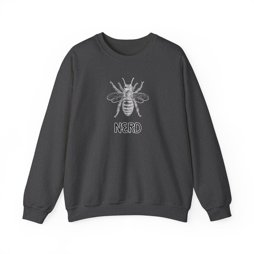 Dark grey sweatshirt with bee graphic and 'NERD' text on a white background