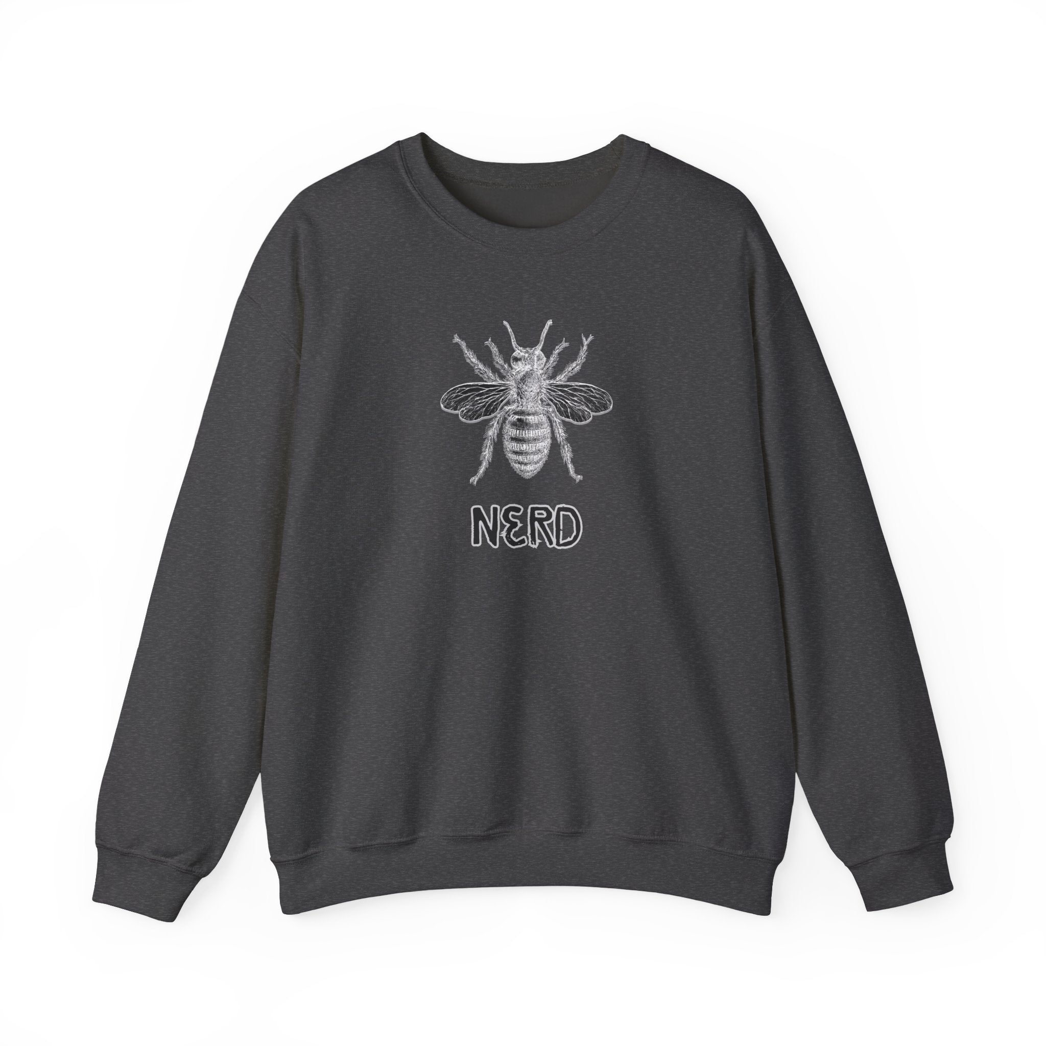 Dark grey sweatshirt with bee graphic and 'NERD' text on a white background