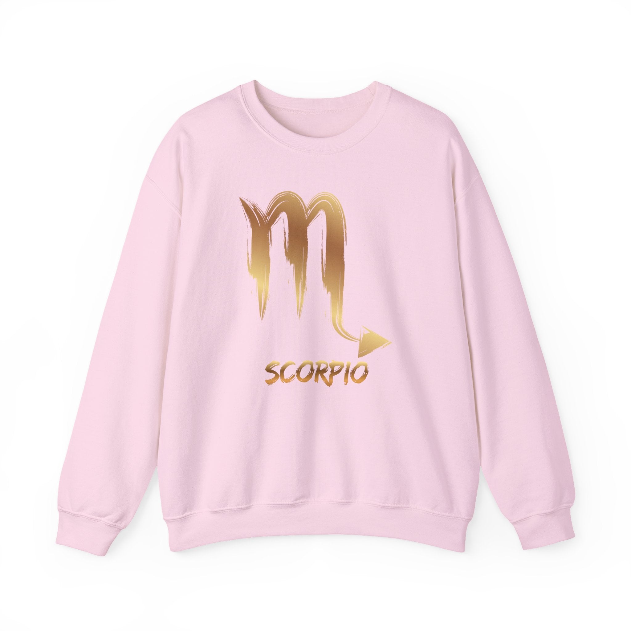 Pink sweatshirt with gold Scorpio zodiac symbol on a white background