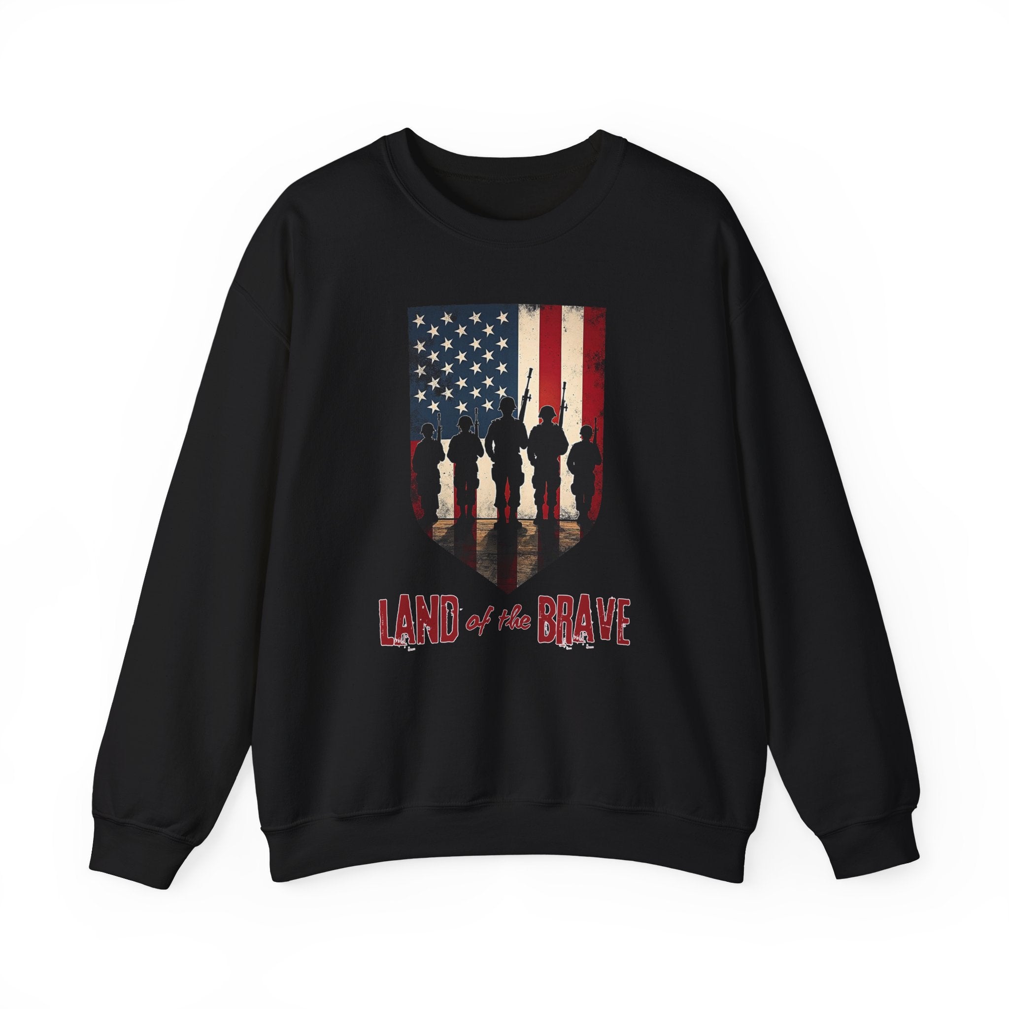 Black sweatshirt with American flag and silhouette design on a white background