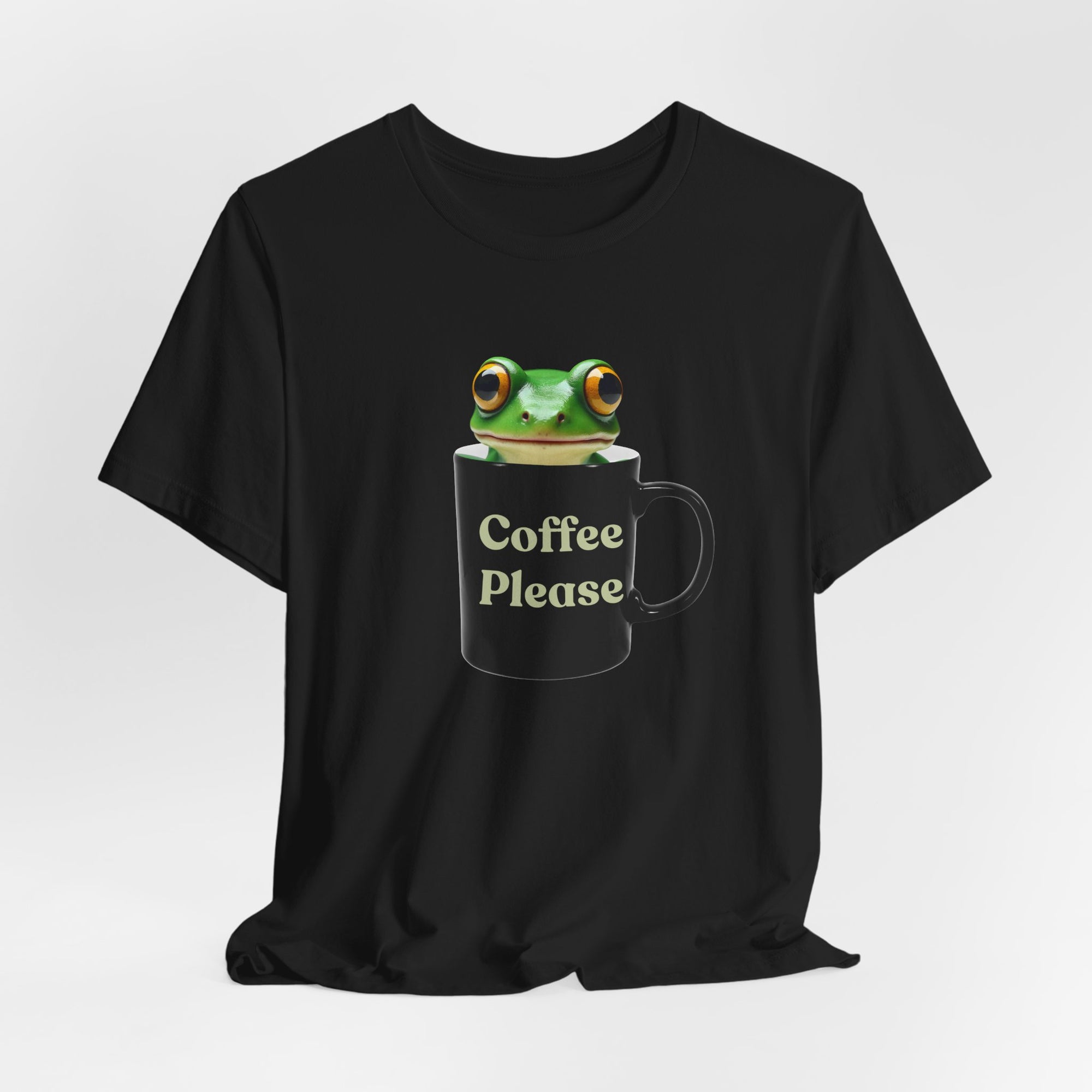 Cute Frog Inside Mug T-Shirt – "Coffee Please" Quote Graphic Tee for Coffee Lovers, Funny Frog with Mug Shirt, Gift for Caffeine Addicts