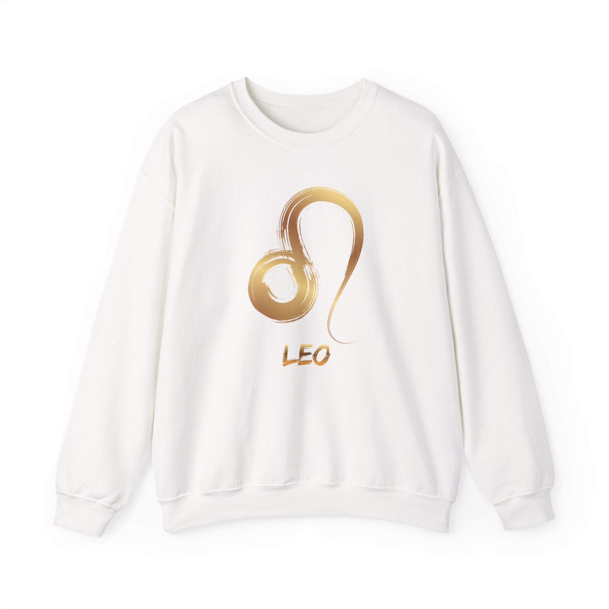 White sweatshirt with gold Leo symbol design on a white background