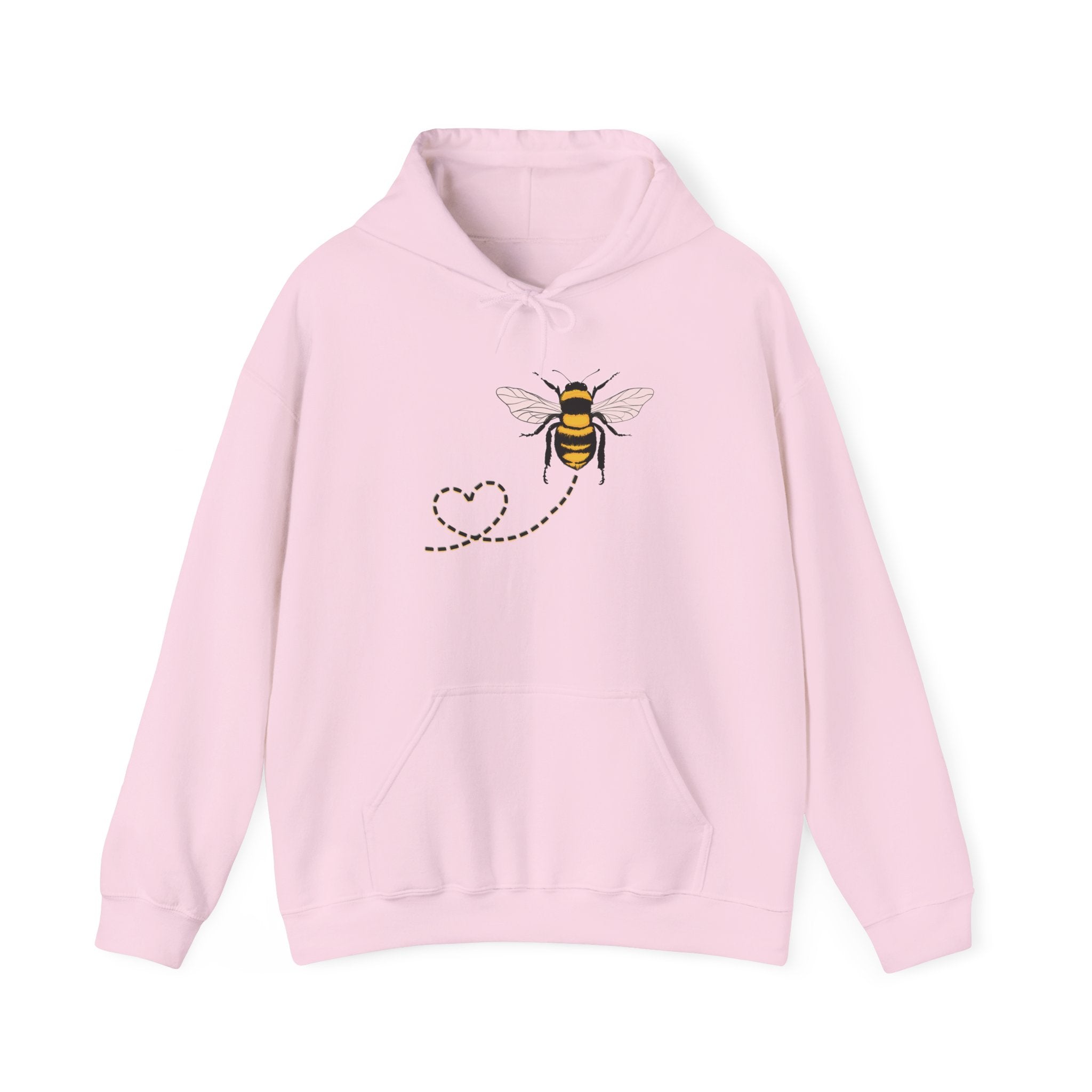 Pink hoodie with a bee and heart design on a white background