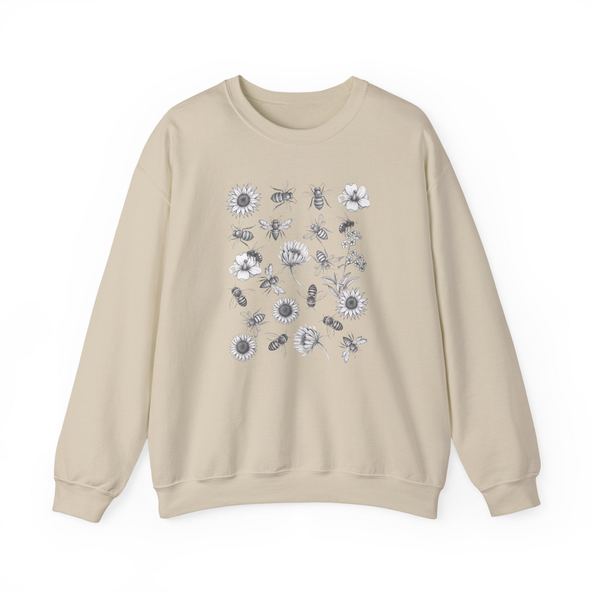 Beige sweatshirt with floral and bee pattern on a white background