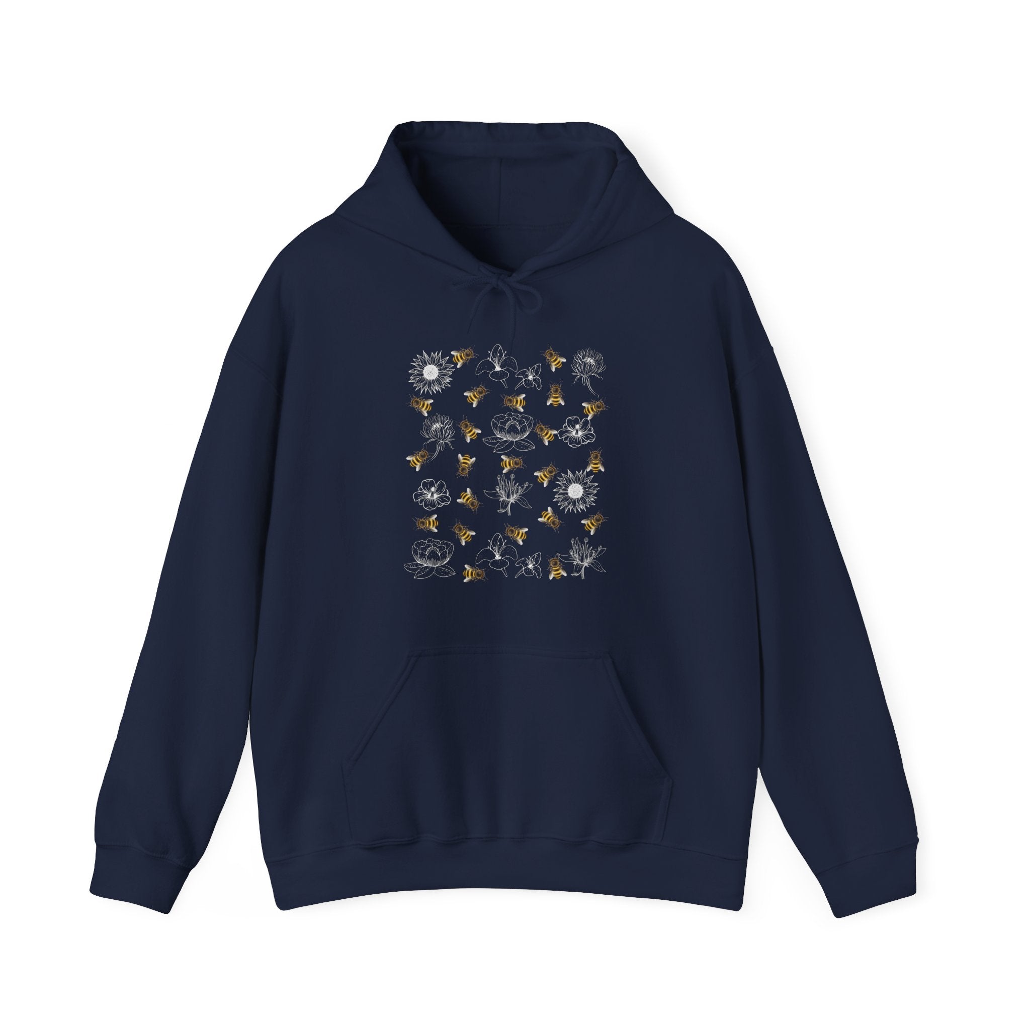 Navy blue hoodie with floral and bee design on a white background