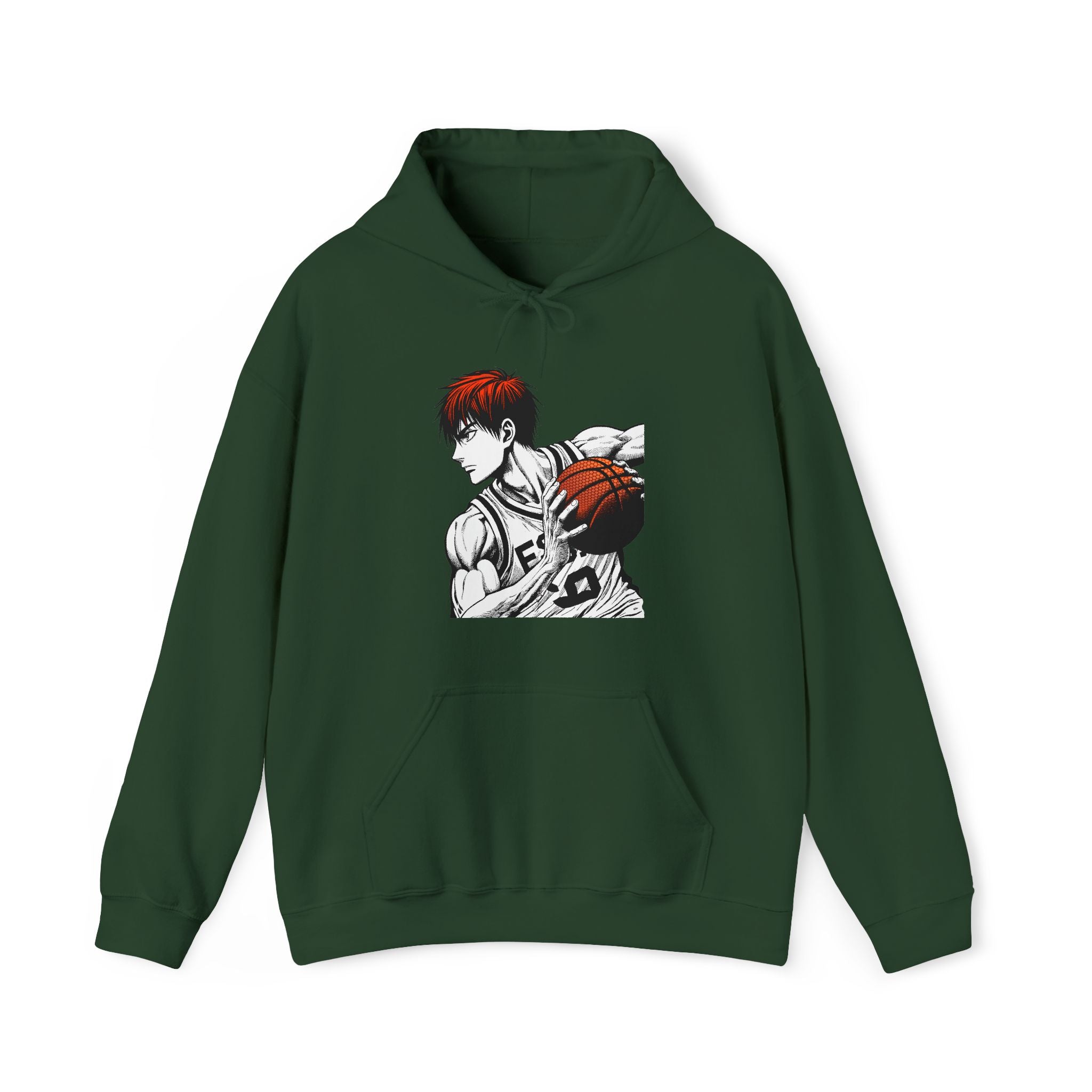 Green hoodie with a graphic of a basketball player on a white background