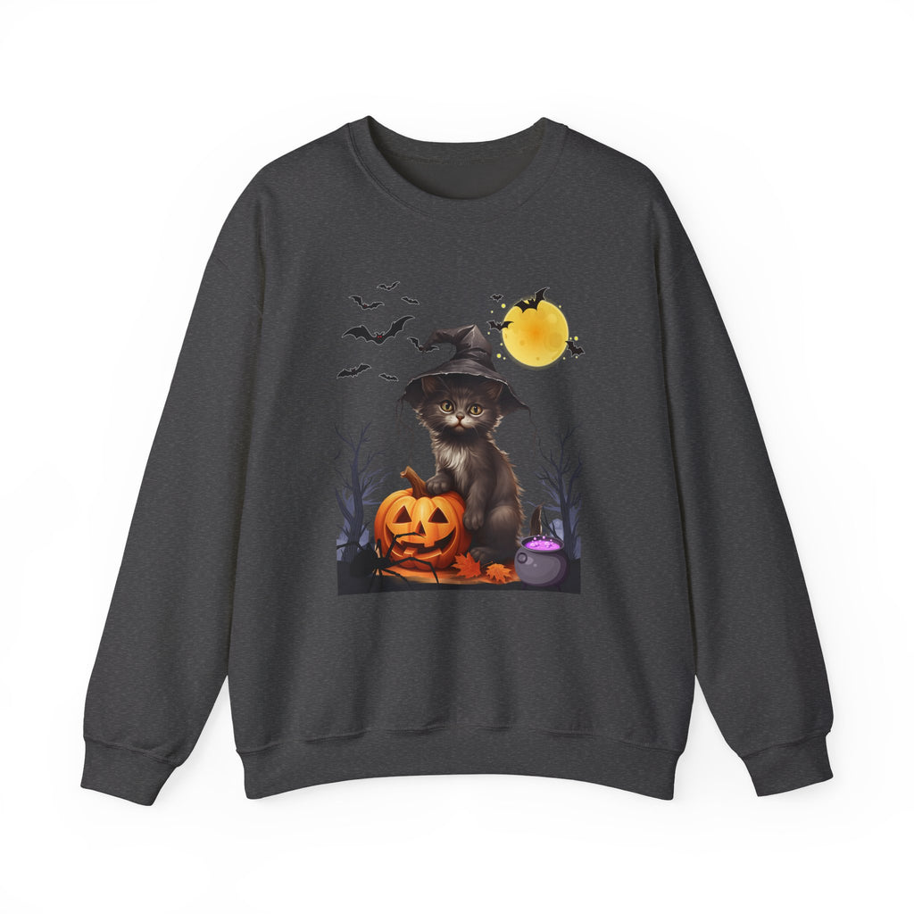 Dark gray sweatshirt with a Halloween-themed design featuring a cat and pumpkin on a white background.