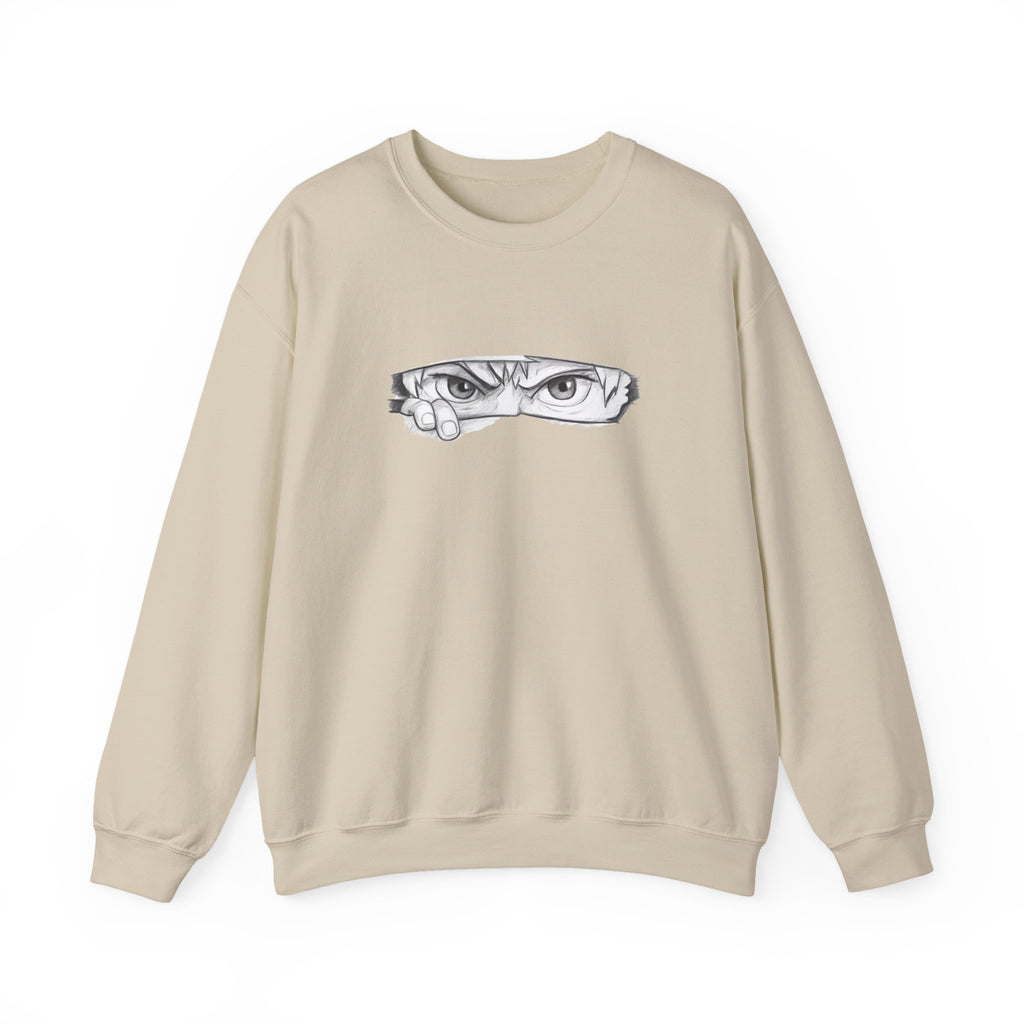 Beige sweatshirt with a anime eyes design on a white background