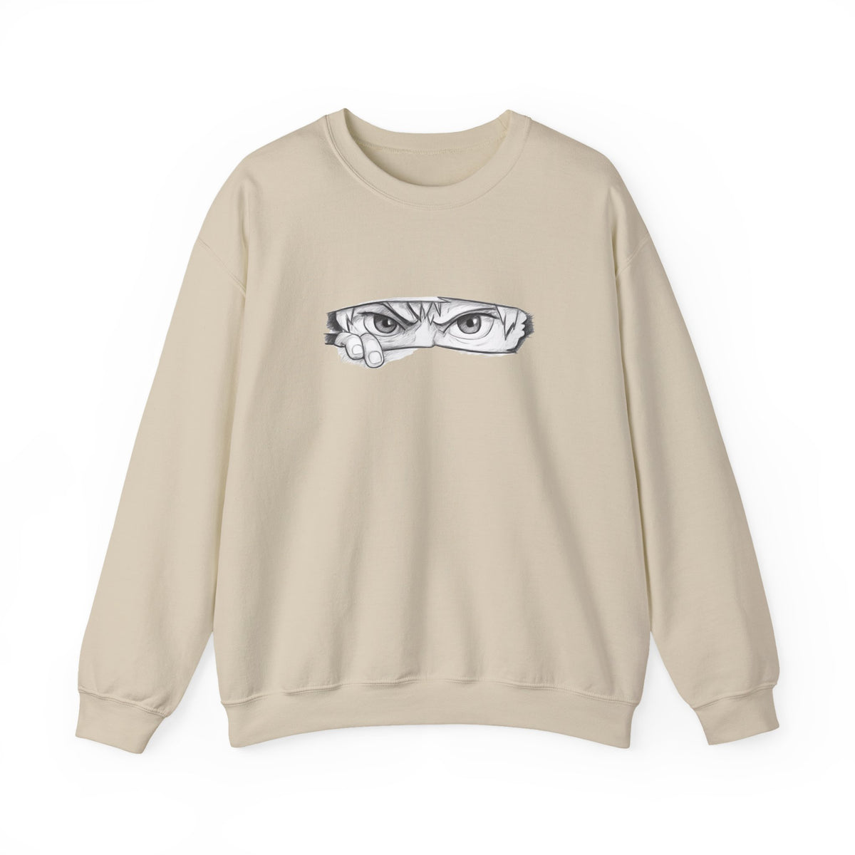 Beige sweatshirt with a anime eyes design on a white background