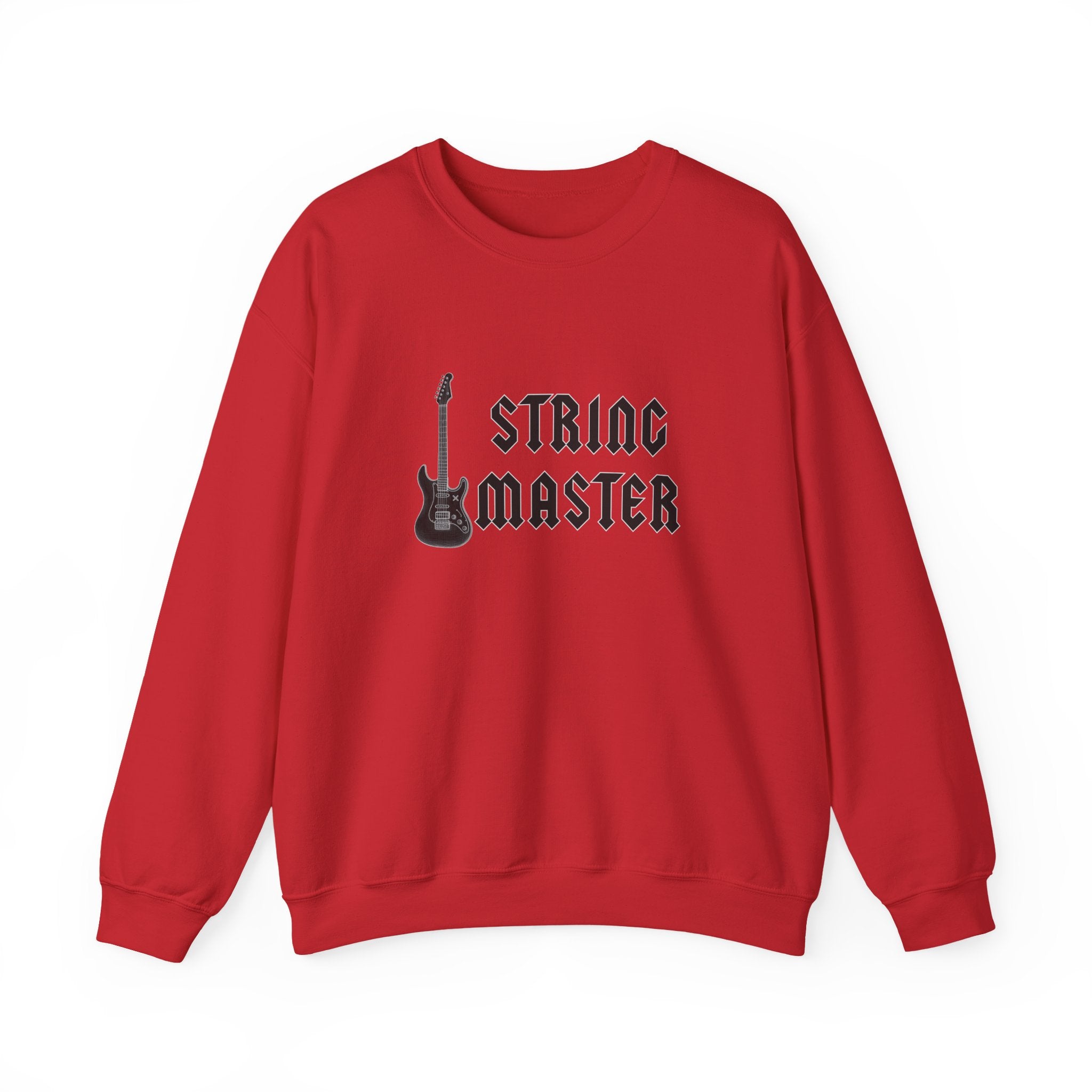 Red sweatshirt with 'String Master' graphic on a white background