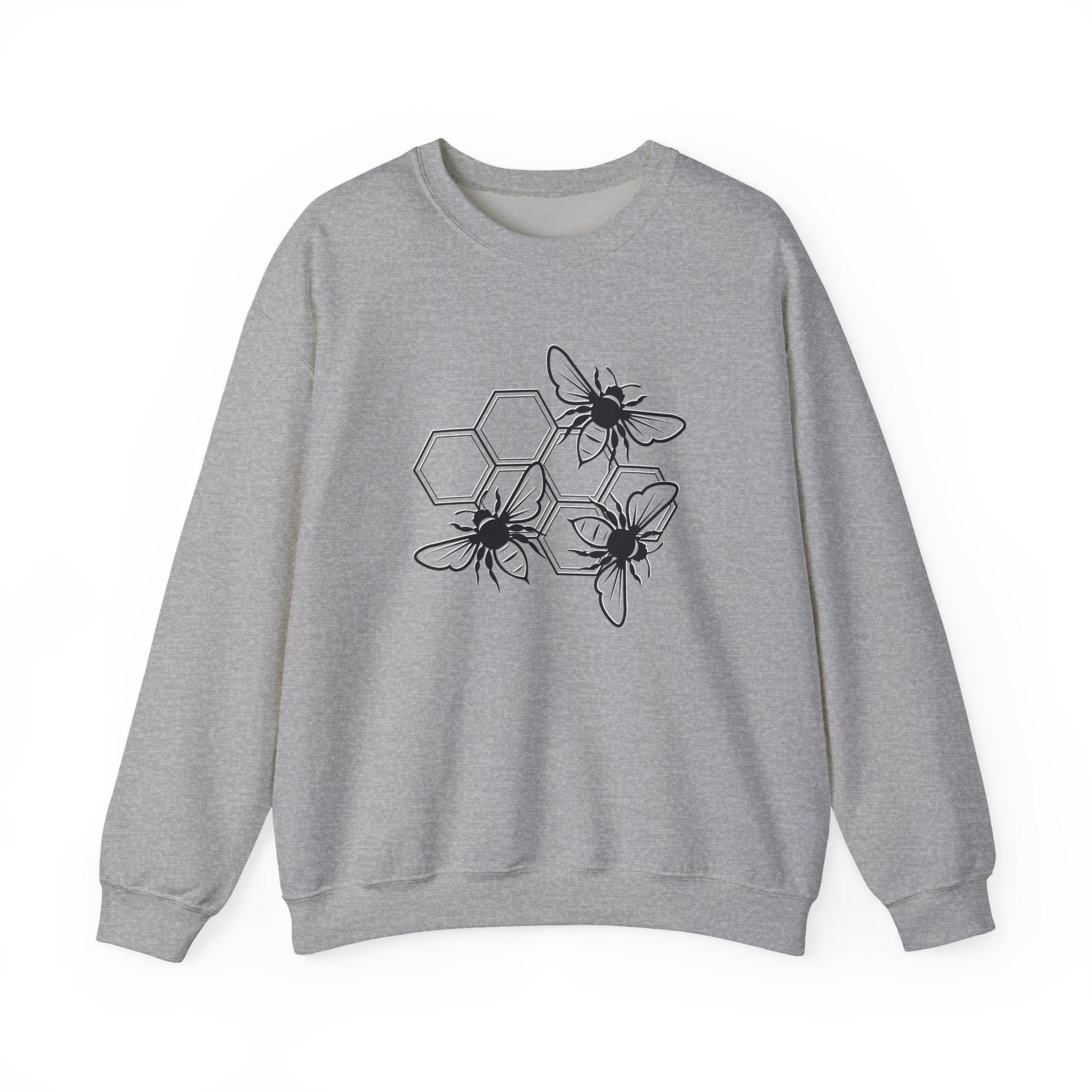 Gray sweatshirt with black bee and hexagon pattern on a white background