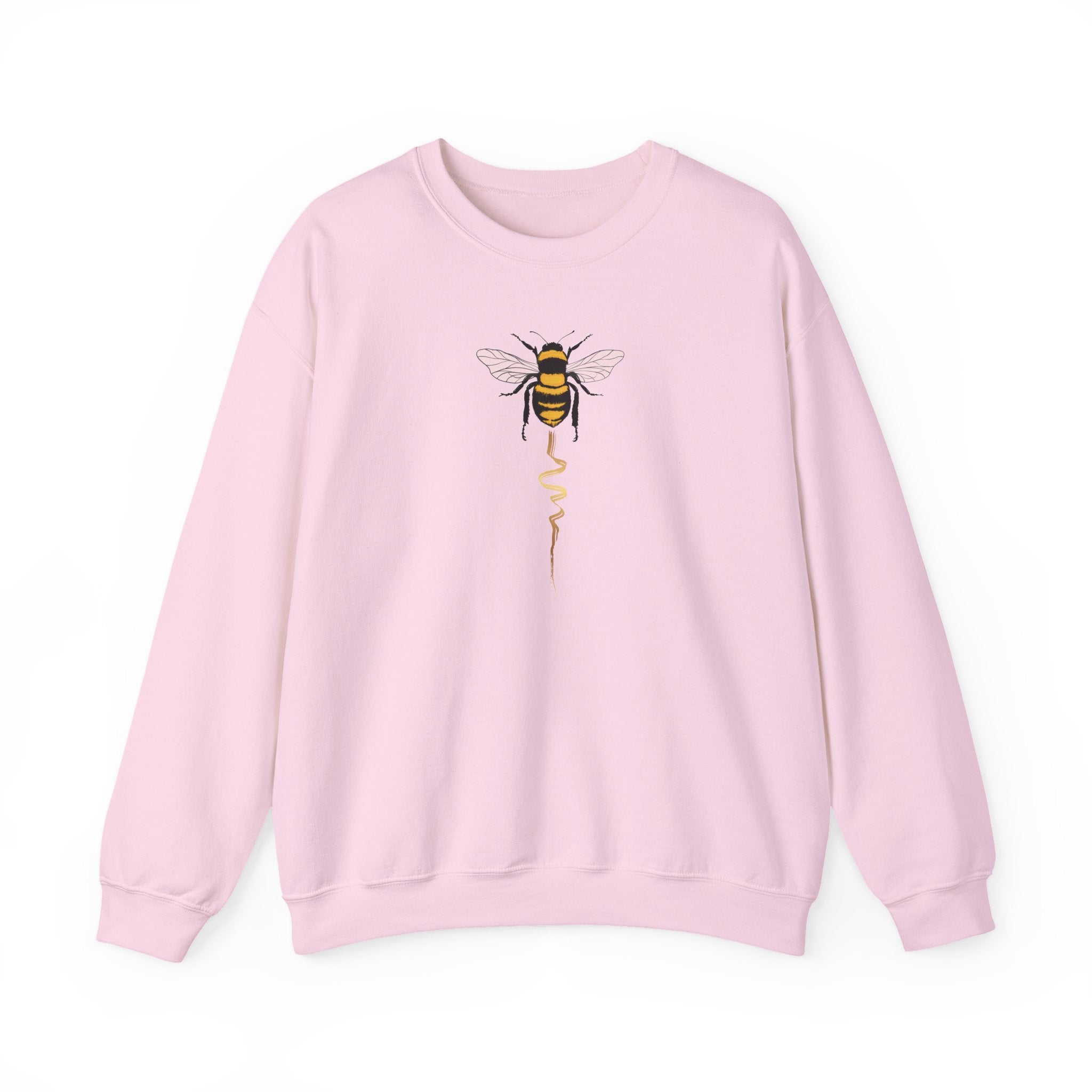 Pink sweatshirt with a bee design on a white background