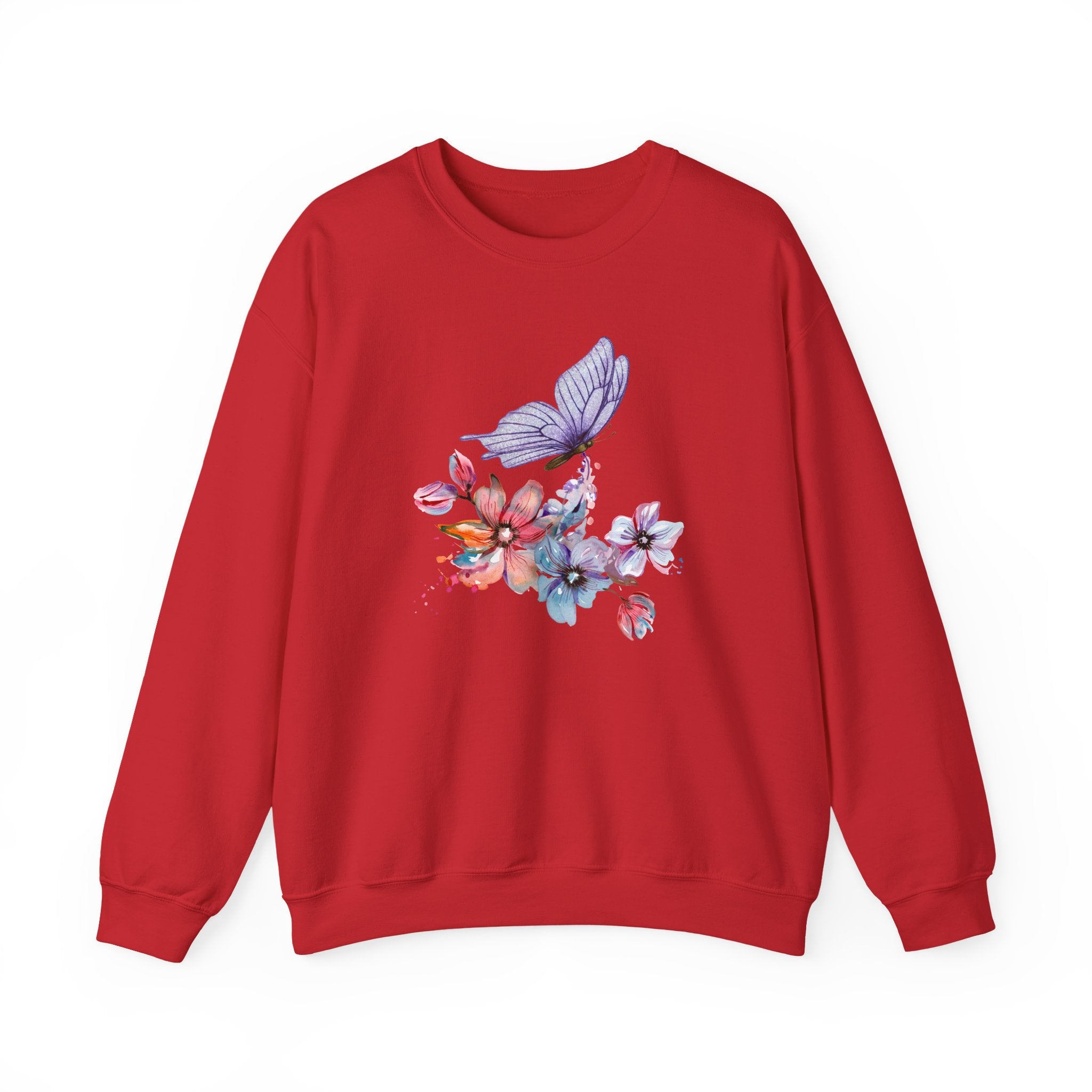 Red sweatshirt with floral and butterfly design on a white background
