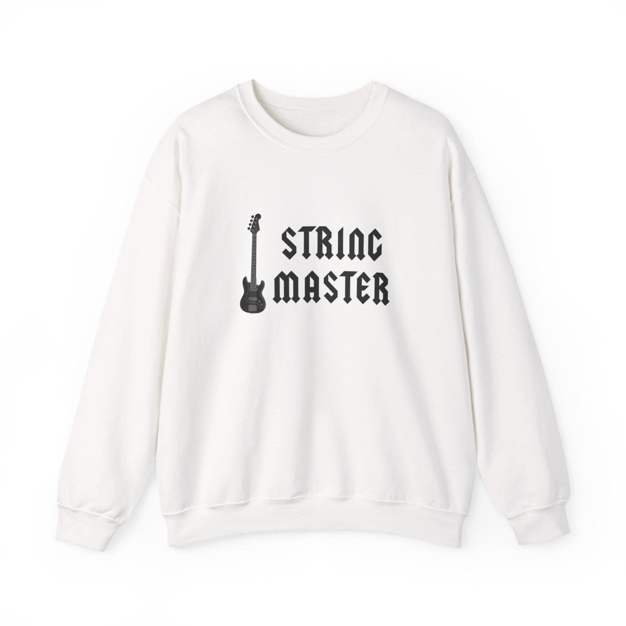 White sweatshirt with 'String Master' text and guitar graphic on a white background