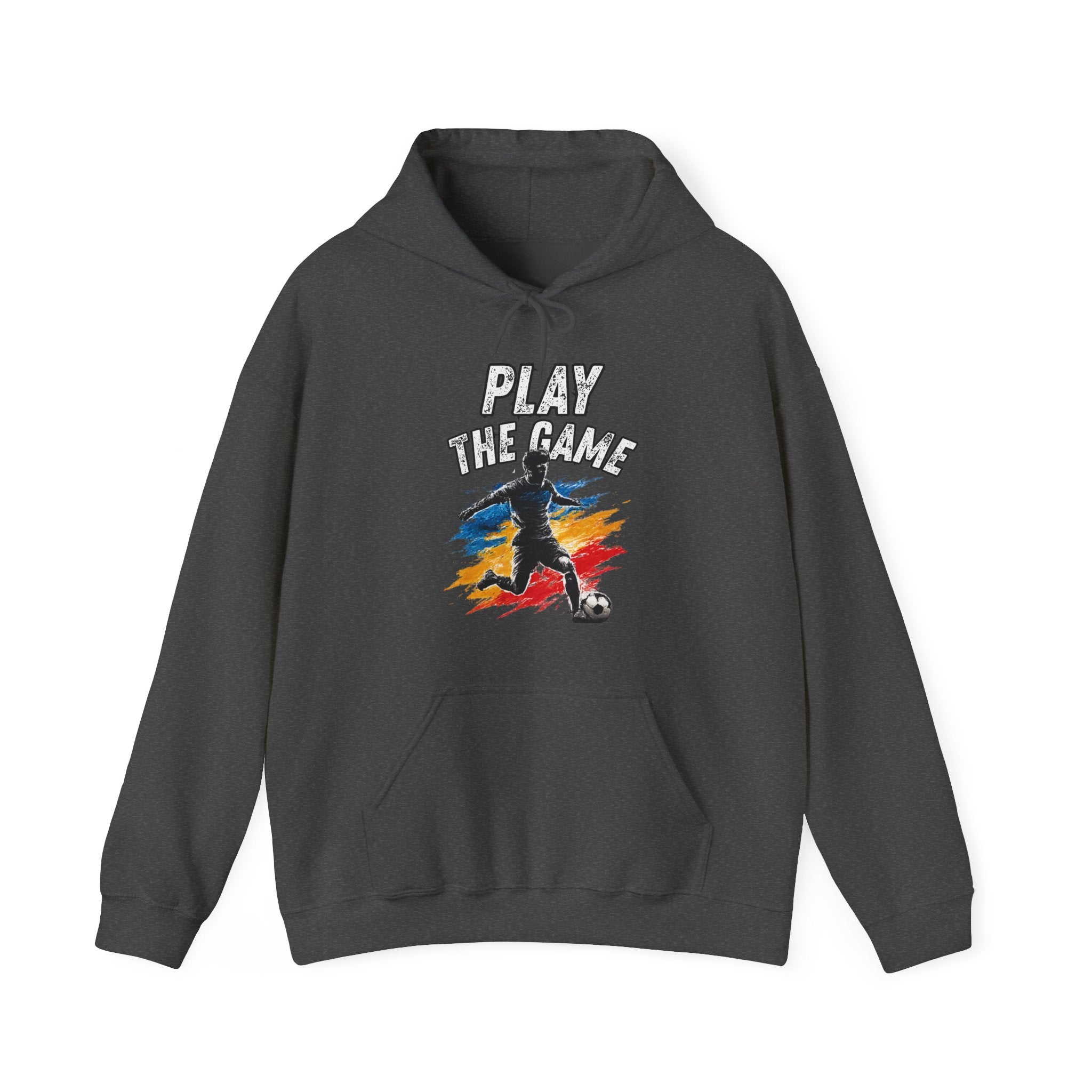 Dark grey hoodie featuring a graphic print on the front with the text 'PLAY THE GAME' above a stylized soccer player silhouette over a red, yellow, and blue paint-splatter background.