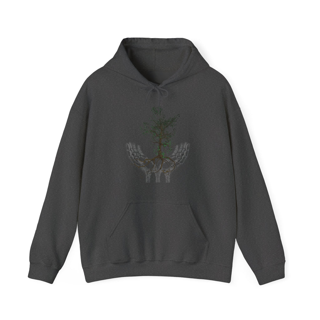 Dark gray hoodie with a graphic of a tree and hand on a white background