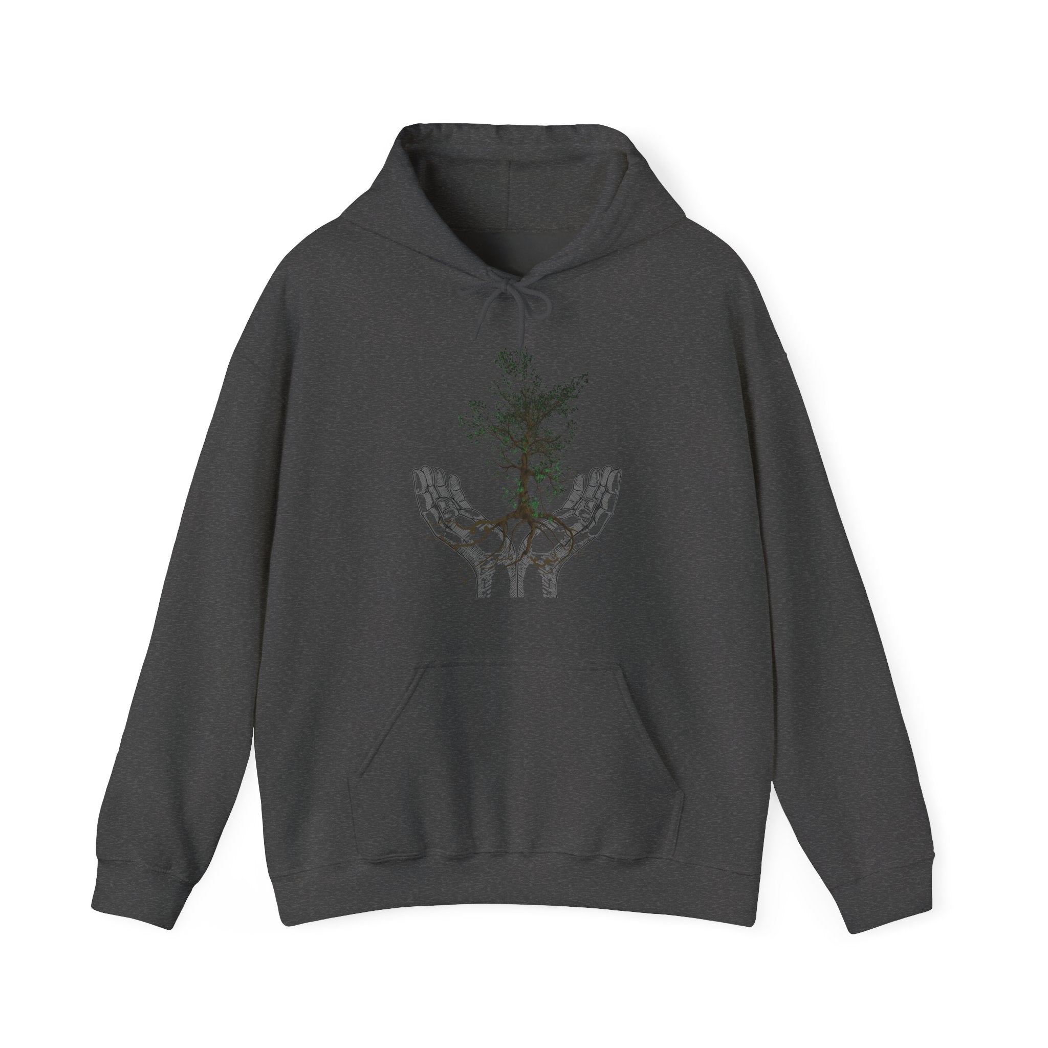 Dark gray hoodie with a graphic of a tree and hand on a white background