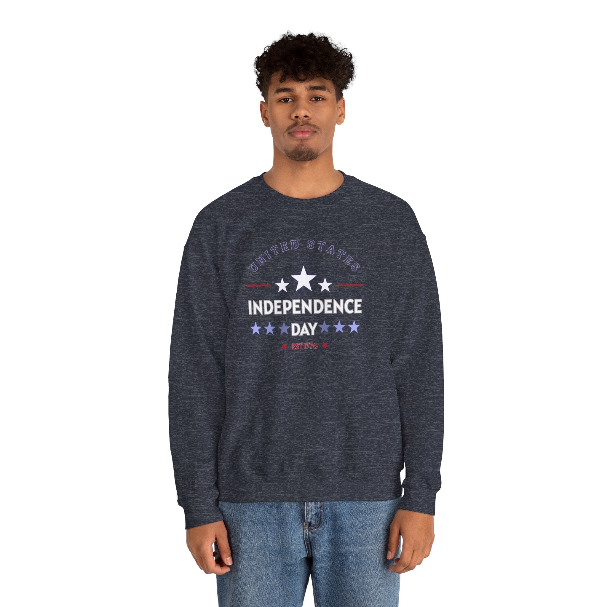 Person wearing a navy sweatshirt with 'Independence Day' text and star design on a white background