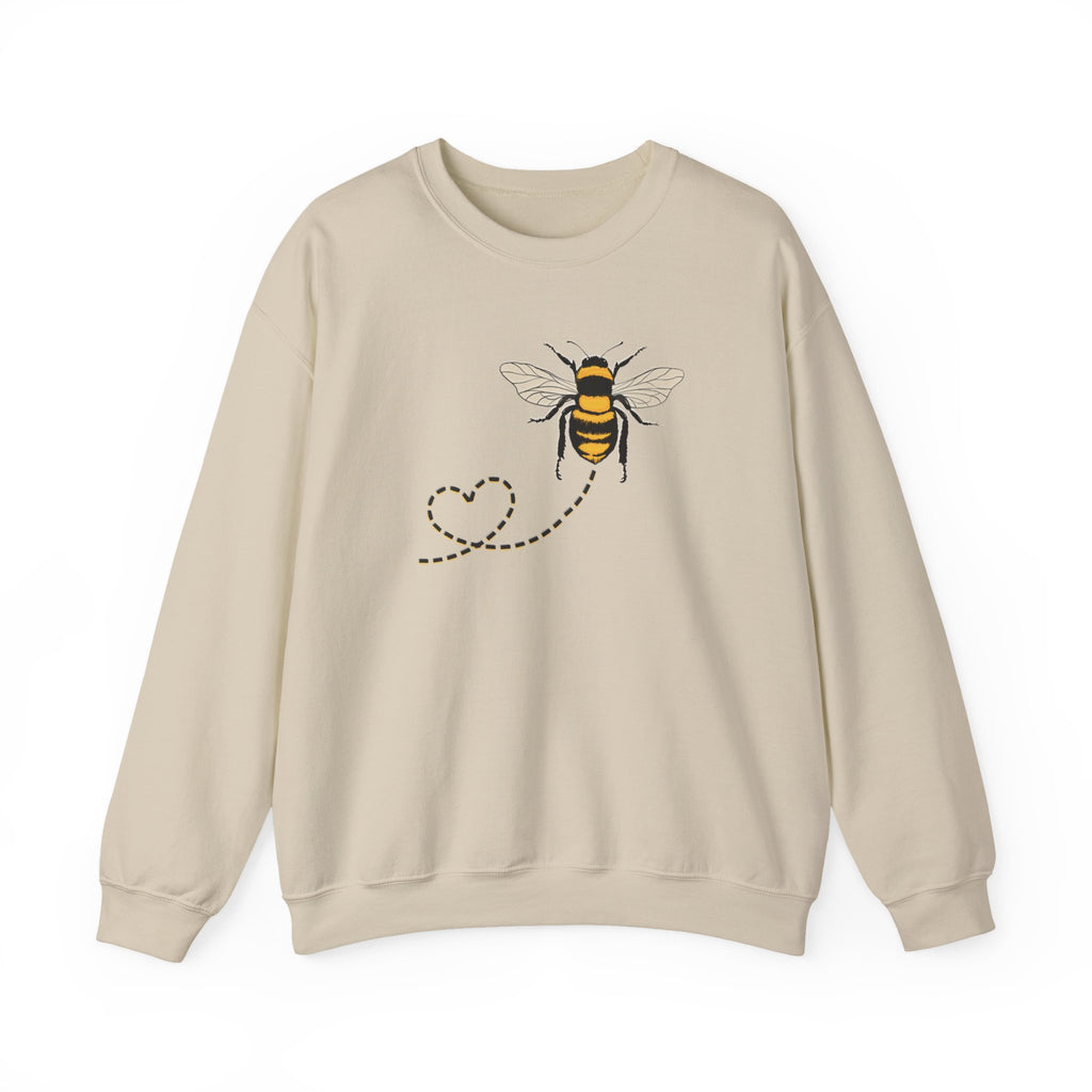 Beige sweatshirt with a bee and dotted heart design on a white background