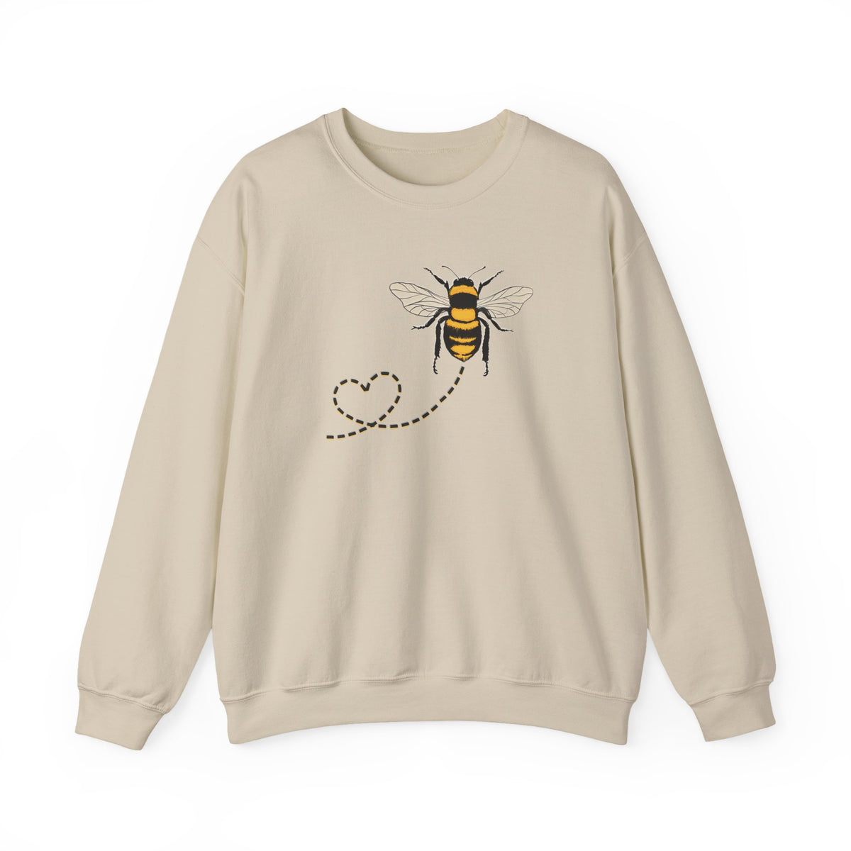 Beige sweatshirt with a bee and dotted heart design on a white background
