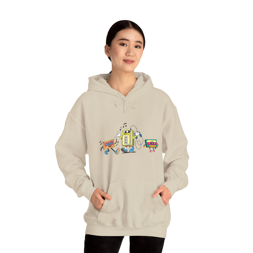 Person wearing a beige hoodie with colorful graphic design on a white background