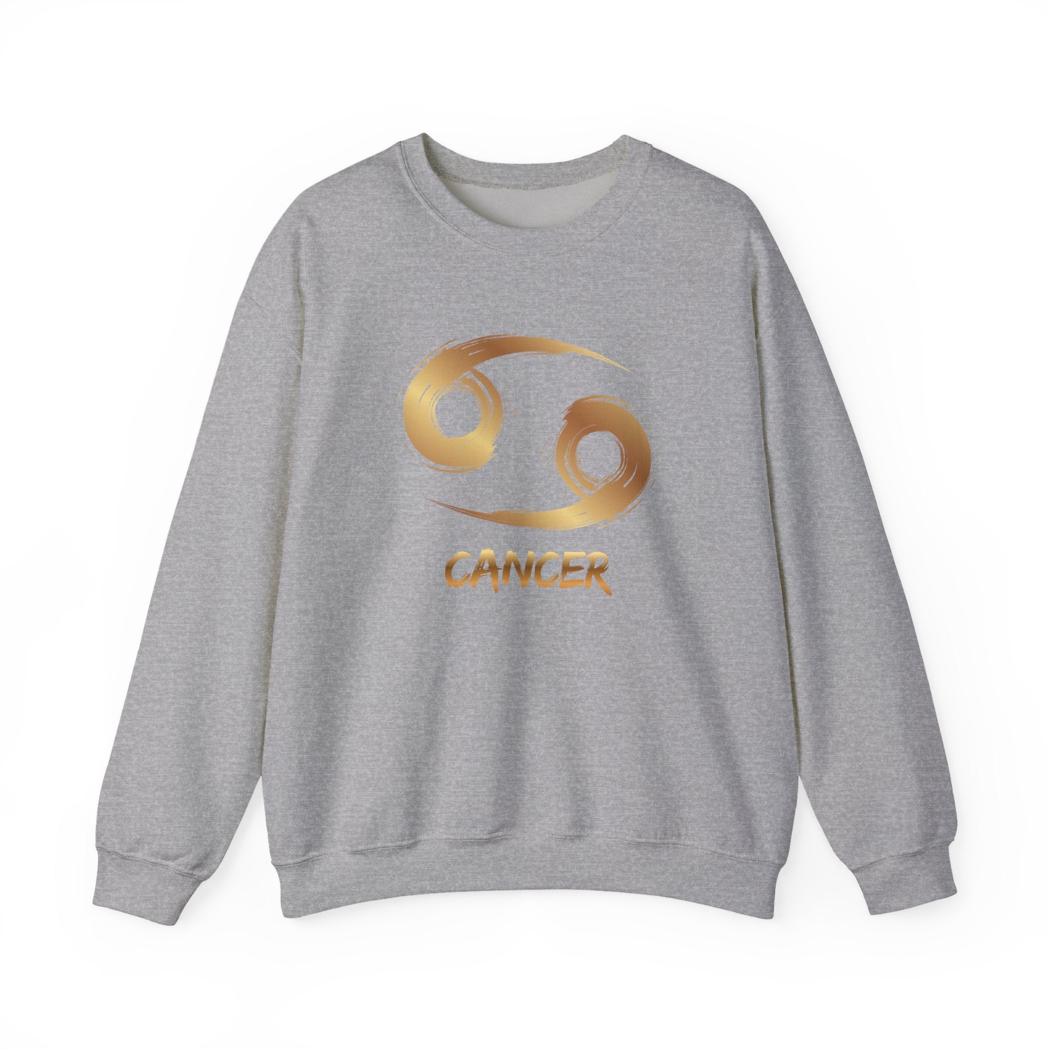 Gray sweatshirt with gold Cancer zodiac symbol on a white background