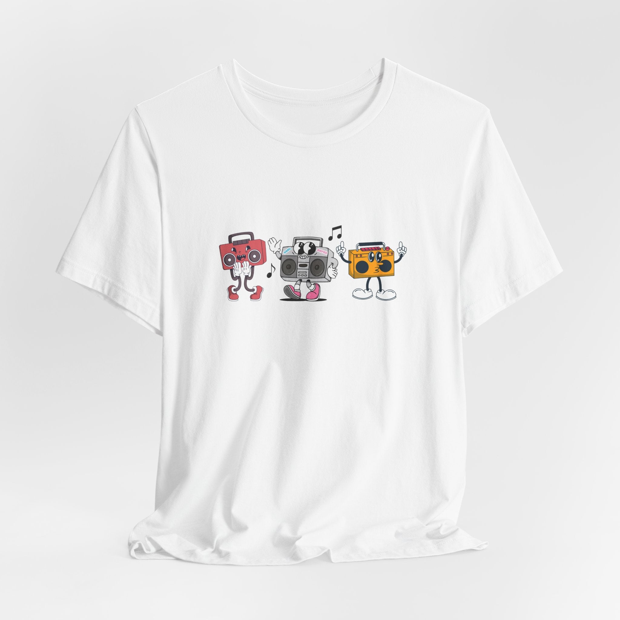 White t-shirt with cartoon boombox design on a white background