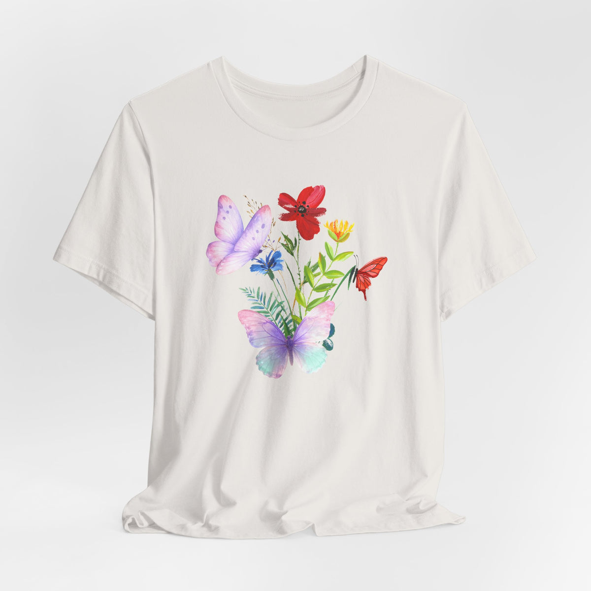 White t-shirt with colorful butterfly and flower design on a white background
