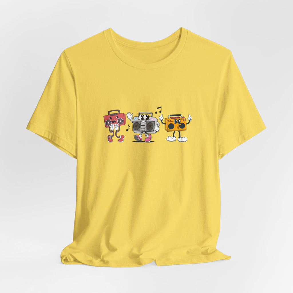 Yellow t-shirt with cartoon boombox design on a light gray background