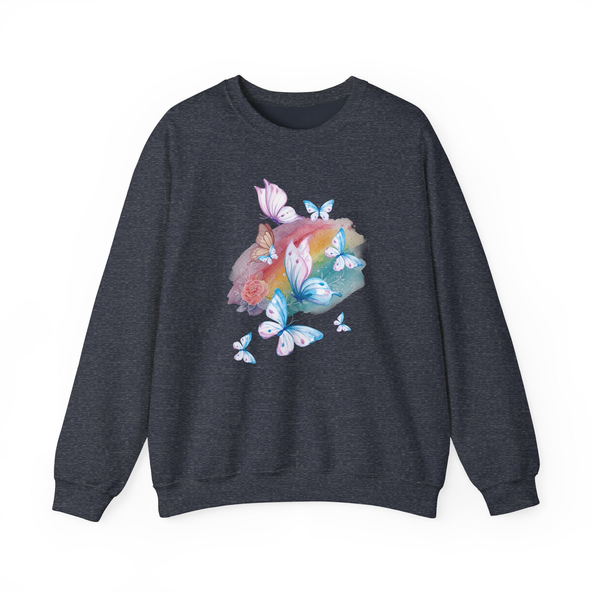 Dark navy sweatshirt with colorful butterfly design on a white background
