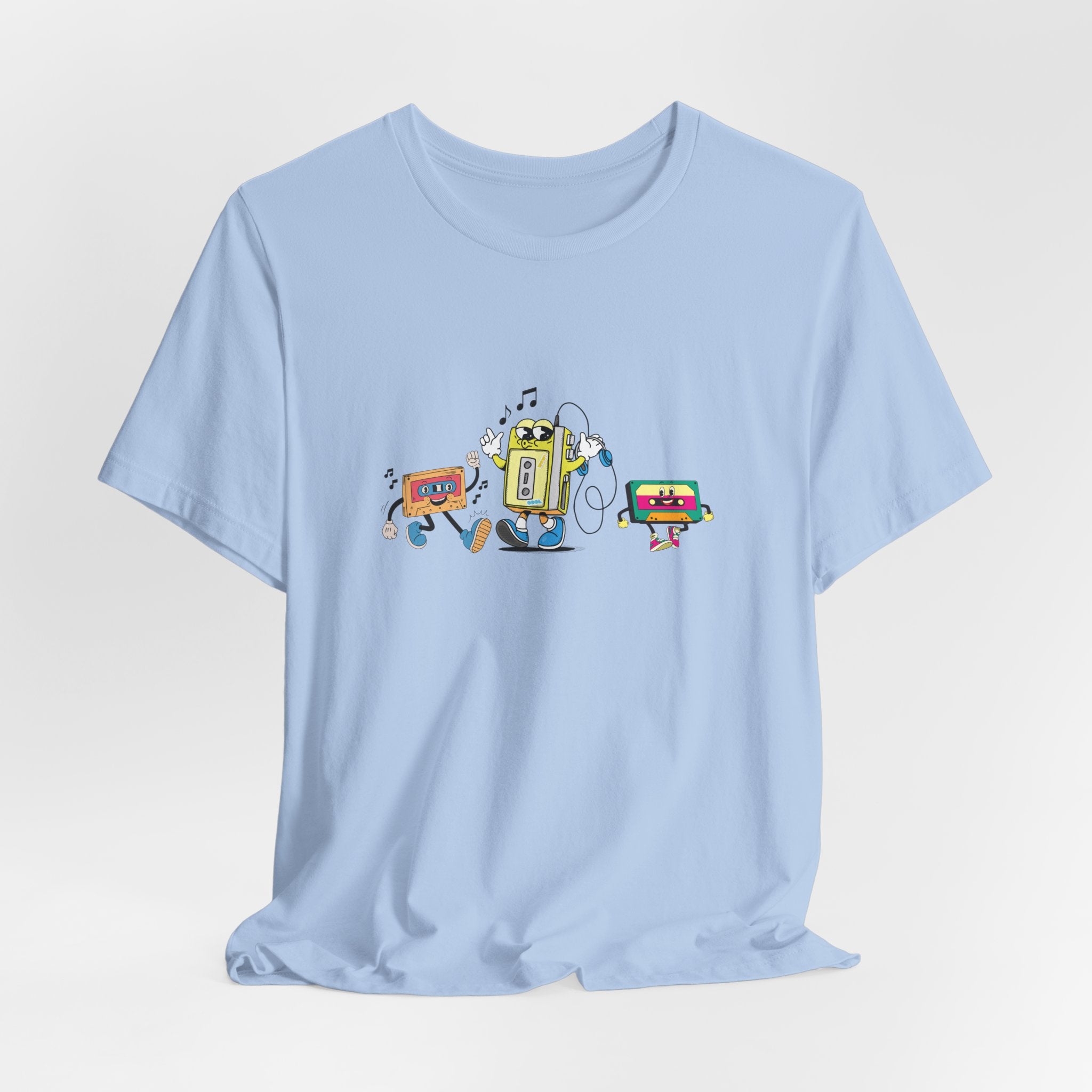 Light blue t-shirt with a colorful graphic on a light gray background