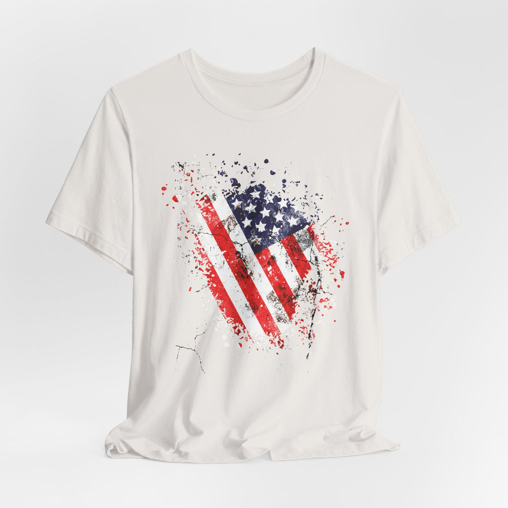 White t-shirt with American flag design on a light gray background