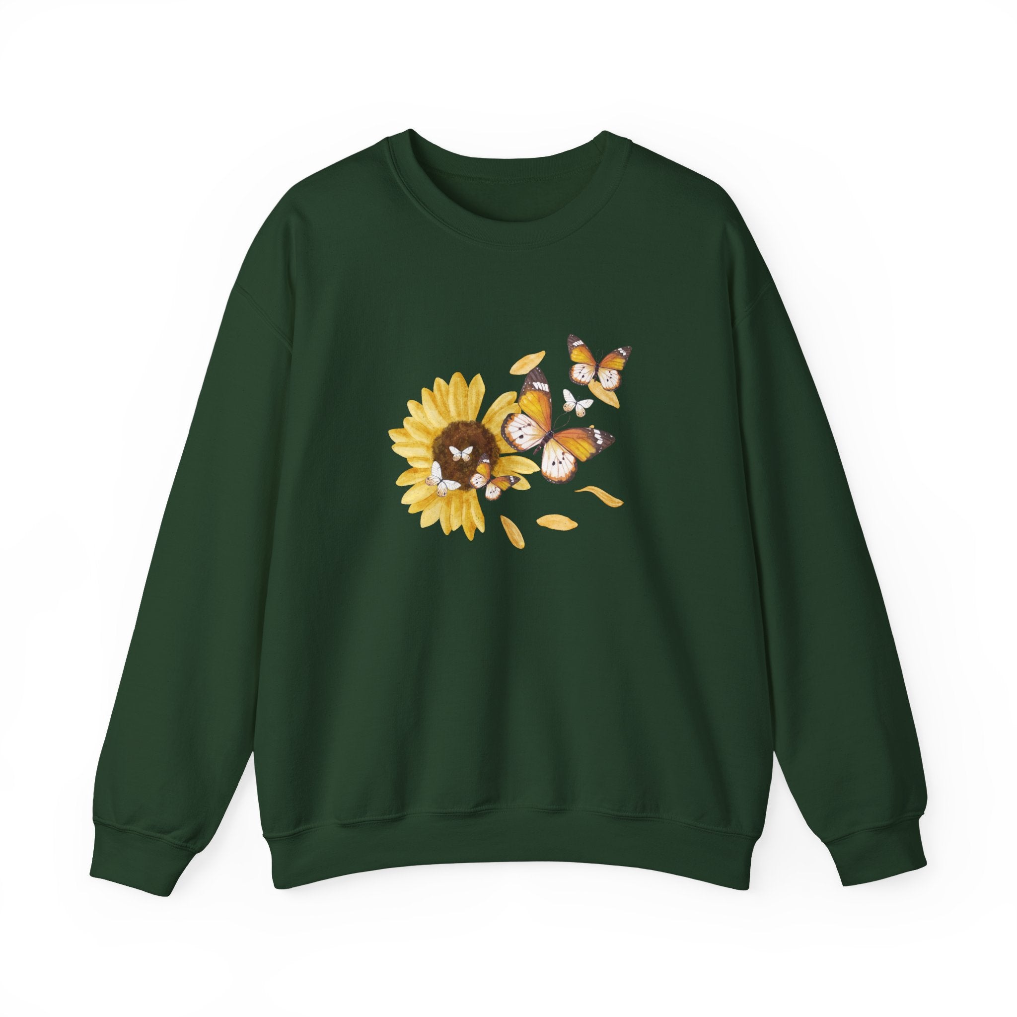 Green sweatshirt with sunflower and butterfly design on a white background